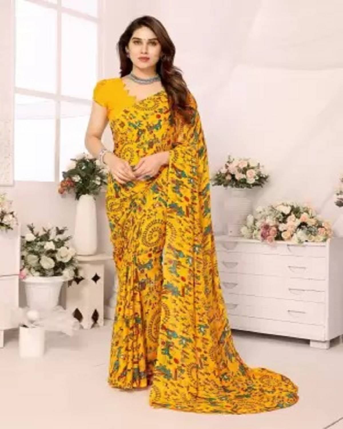 Vkaran Georgette Printed Saree With Unstitched Blouse Piece ( Yellow ) Vkaran Georgette Printed Saree With Unstitched Blouse Piece ( Yellow )