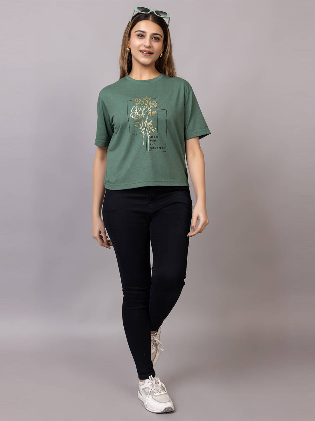 Xenios Women Cotton Blend Printed Regular Fit Round Neck T-Shirt ( Green ) Xenios Women Cotton Blend Printed Regular Fit Round Neck T-Shirt ( Green )