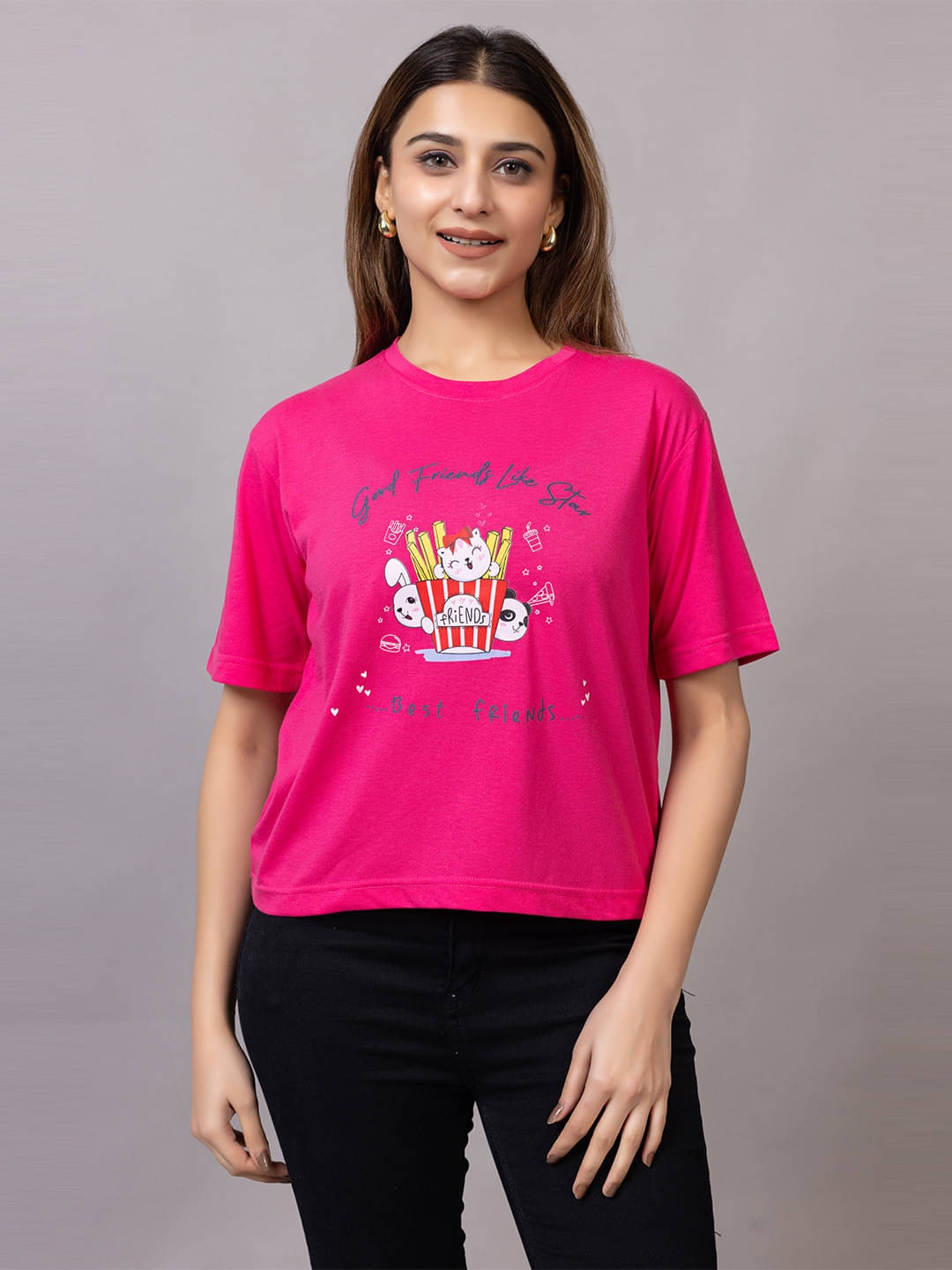Xenios Women Cotton Blend Printed Regular Fit Round Neck T-Shirt ( Pink ) Xenios Women Cotton Blend Printed Regular Fit Round Neck T-Shirt ( Pink )