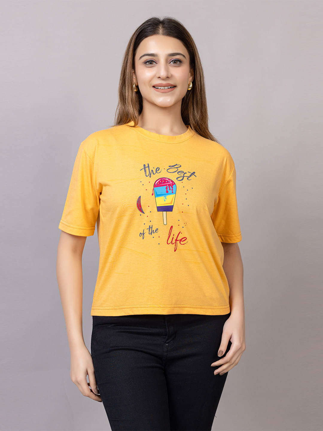    			Xenios Women Cotton Blend Printed Regular Fit Round Neck T-Shirt ( Yellow )