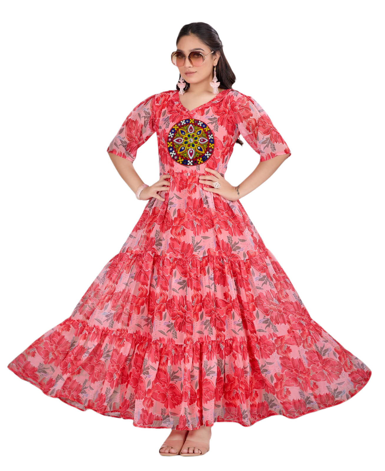     			fvd Women Georgette Flared Stitched Ethnic Gown ( Pink )