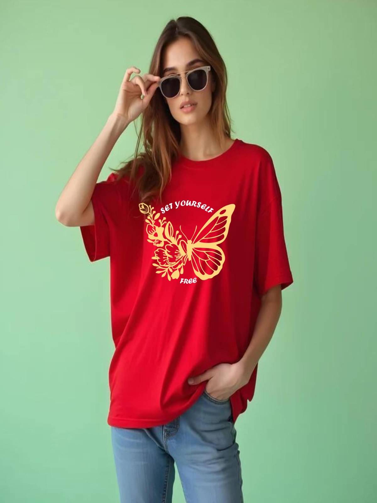 hesha Women Cotton Printed Oversized Fit Round Neck T-Shirt ( Red ) hesha Women Cotton Printed Oversized Fit Round Neck T-Shirt ( Red )