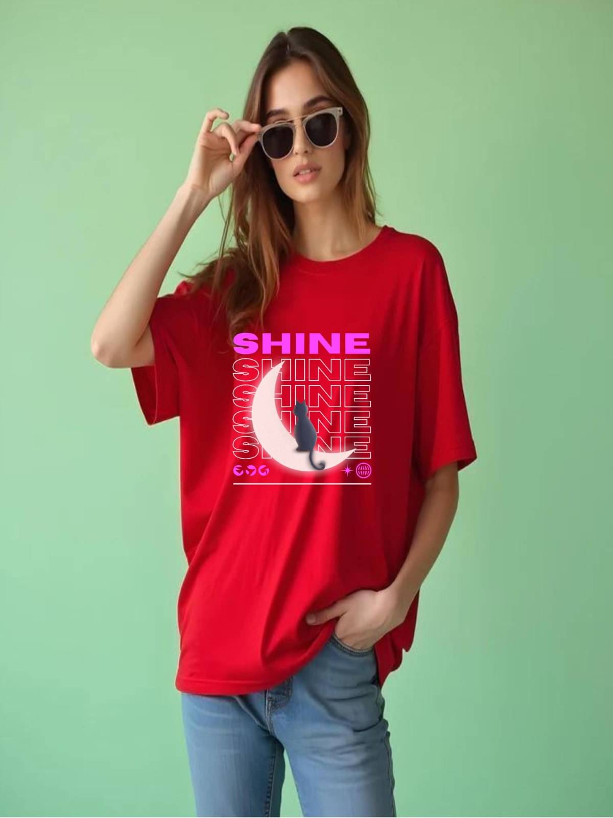 hesha Women Cotton Printed Oversized Fit Round Neck T-Shirt ( Red )     			hesha Women Cotton Printed Oversized Fit Round Neck T-Shirt ( Red )