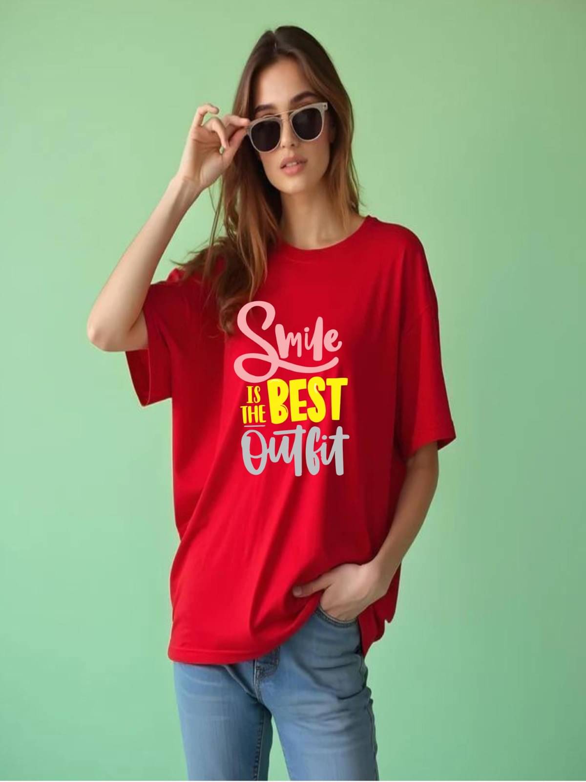 hesha Women Cotton Printed Oversized Fit Round Neck T-Shirt ( Red ) hesha Women Cotton Printed Oversized Fit Round Neck T-Shirt ( Red )