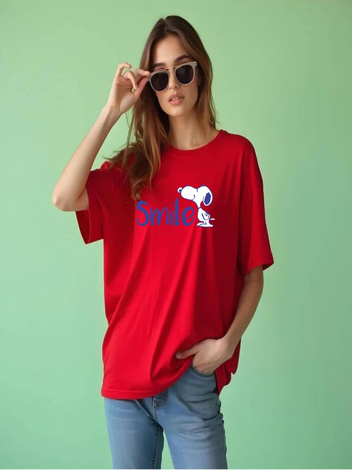 hesha Women Cotton Printed Oversized Fit Round Neck T-Shirt ( Red ) hesha Women Cotton Printed Oversized Fit Round Neck T-Shirt ( Red )
