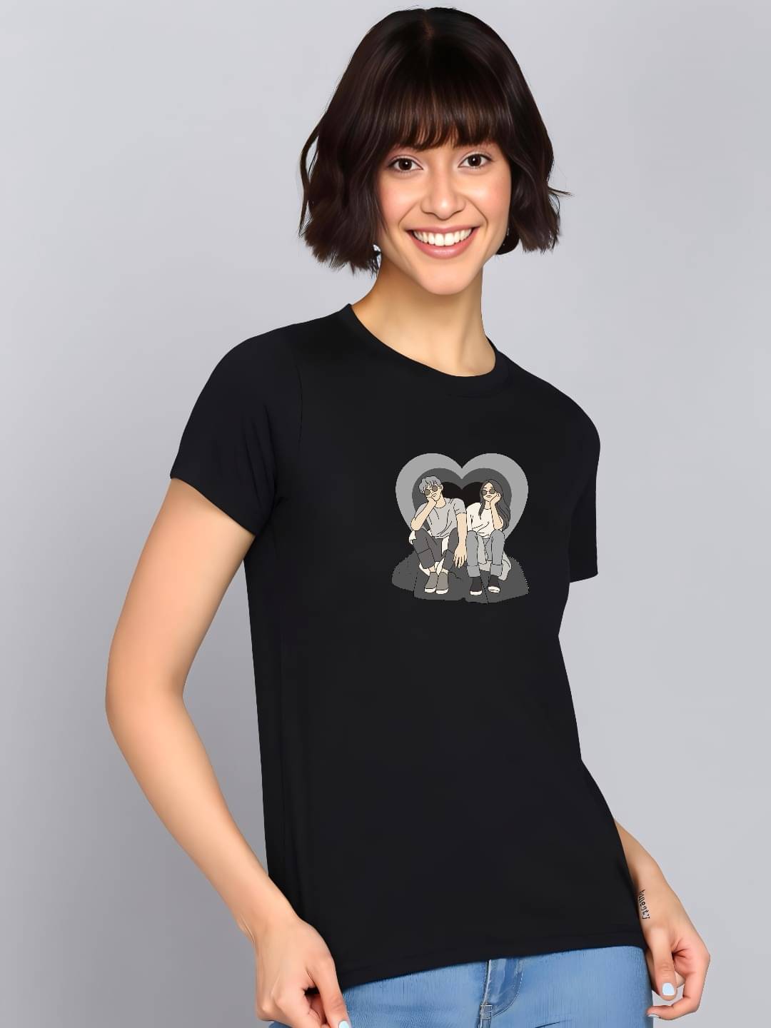     			hesha Women Cotton Printed Regular Fit Round Neck T-Shirt ( Black )