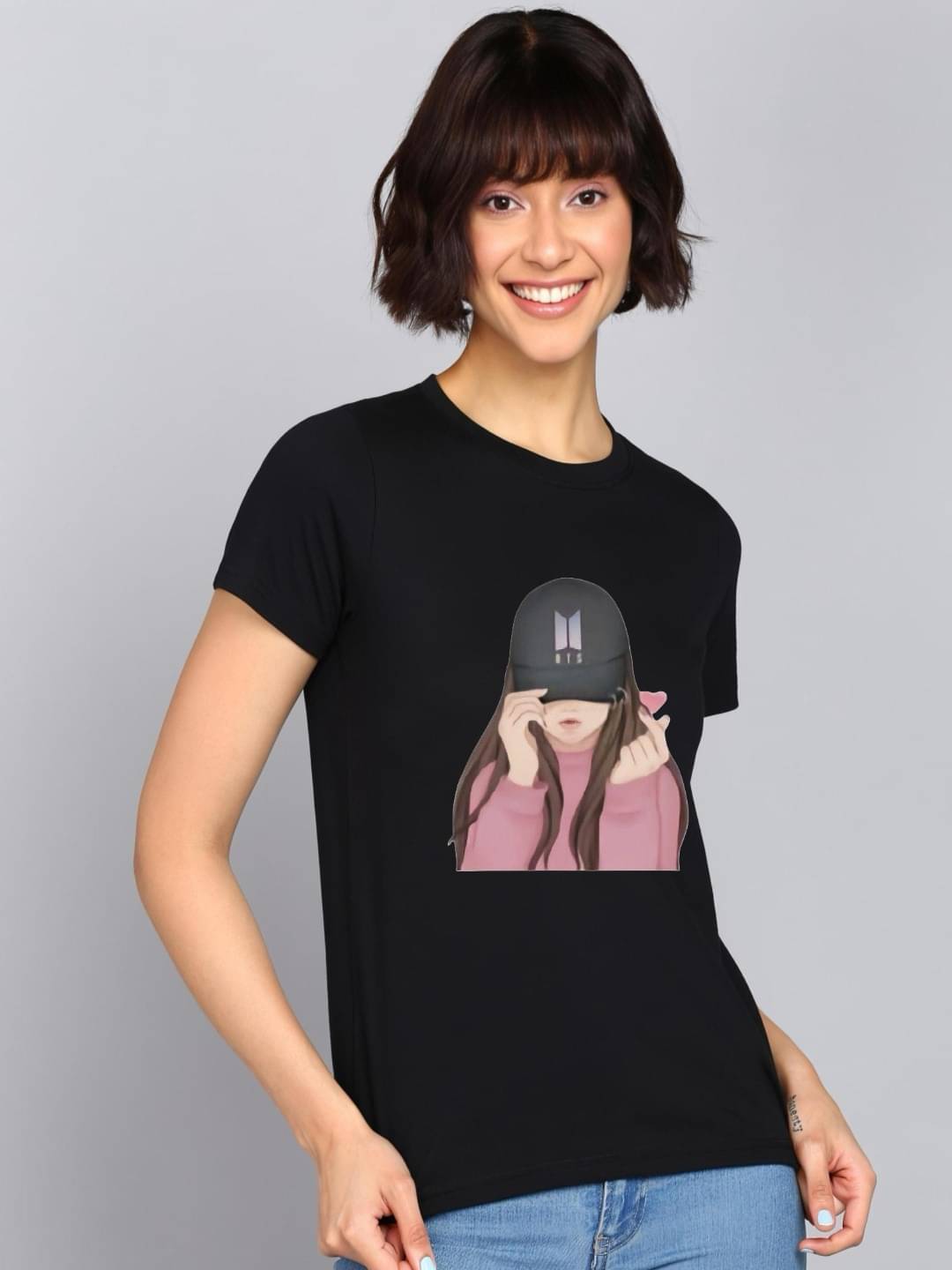     			hesha Women Cotton Printed Regular Fit Round Neck T-Shirt ( Black )