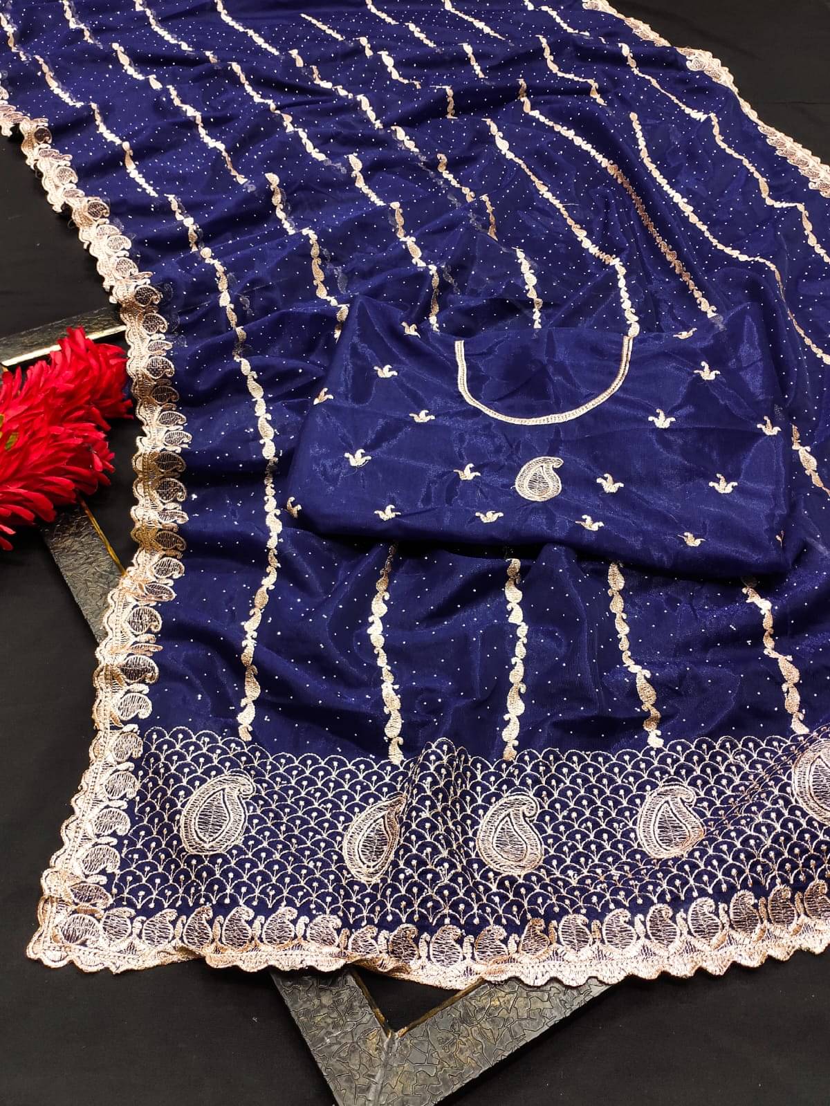 kyara group Tissue Embroidered Banarasi saree With Unstitched Blouse Piece ( Navy Blue ) kyara group Tissue Embroidered Banarasi saree With Unstitched Blouse Piece ( Navy Blue )