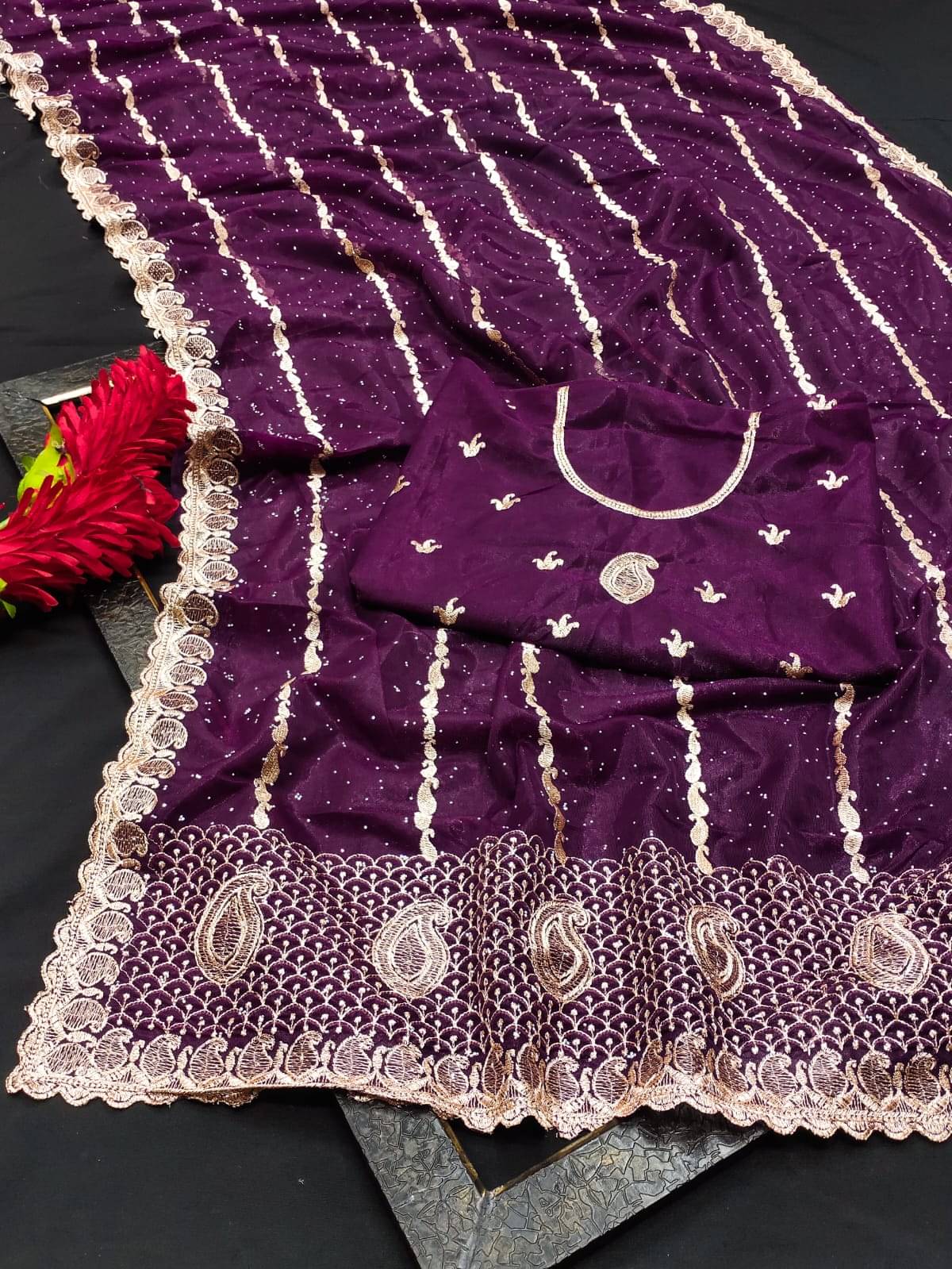 kyara group Tissue Embroidered Banarasi saree With Unstitched Blouse Piece ( Wine ) kyara group Tissue Embroidered Banarasi saree With Unstitched Blouse Piece ( Wine )