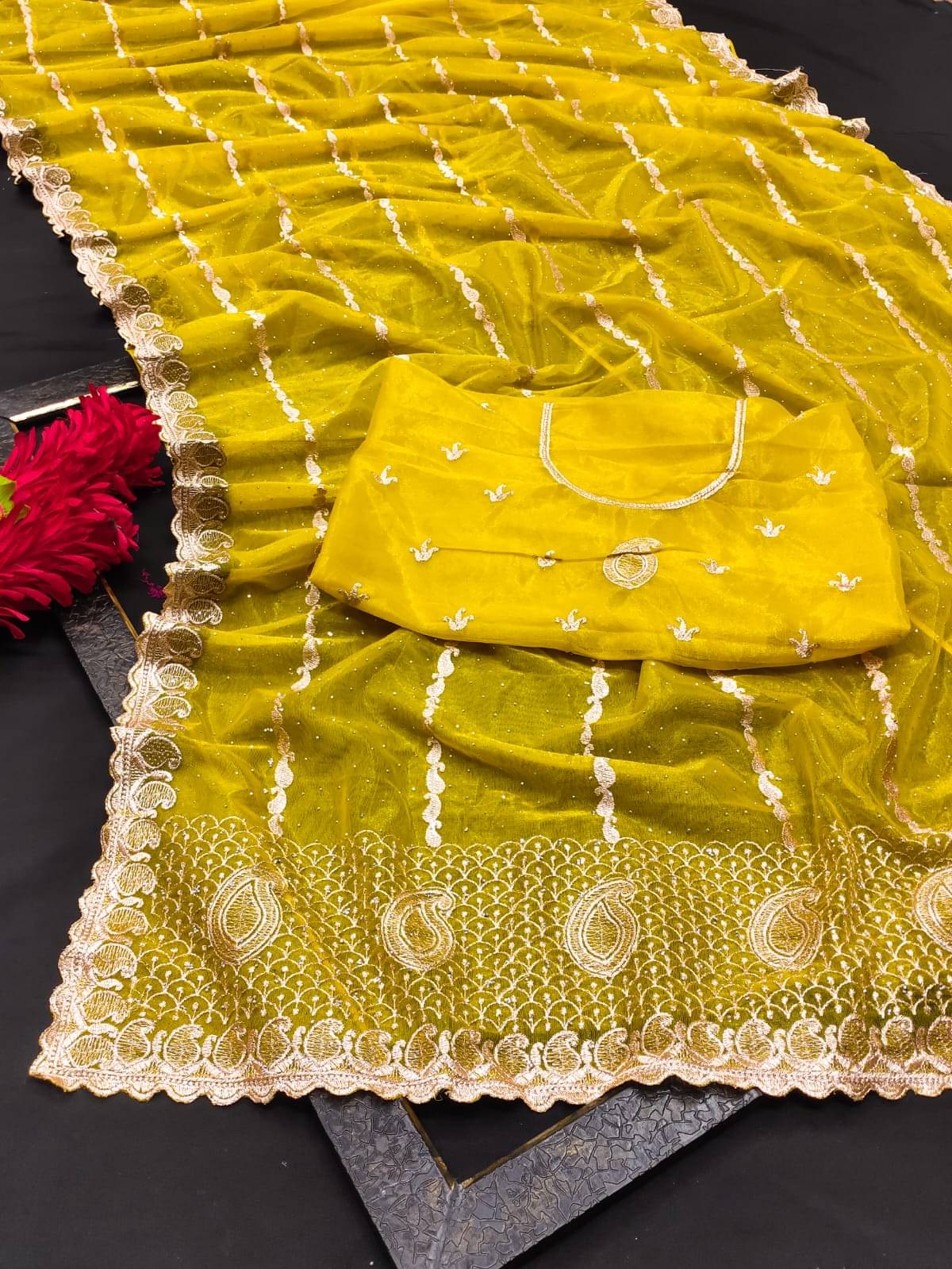 kyara group Tissue Embroidered Banarasi saree With Unstitched Blouse Piece ( Yellow )     			kyara group Tissue Embroidered Banarasi saree With Unstitched Blouse Piece ( Yellow )