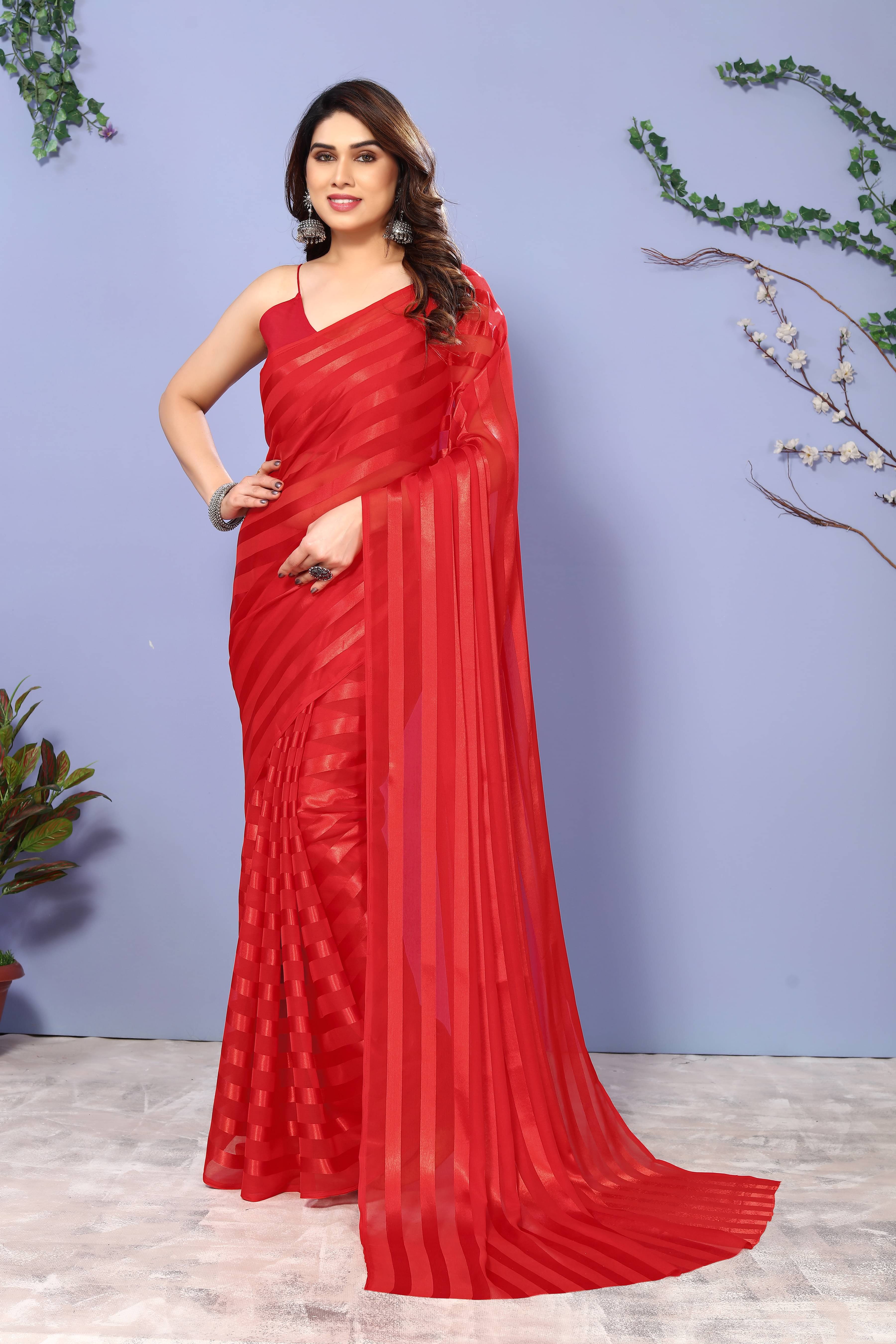 Kashvi Sarees Satin Striped Kasavu Saree With Unstitched Blouse Piece ( Red ) Kashvi Sarees Satin Striped Kasavu Saree With Unstitched Blouse Piece ( Red )