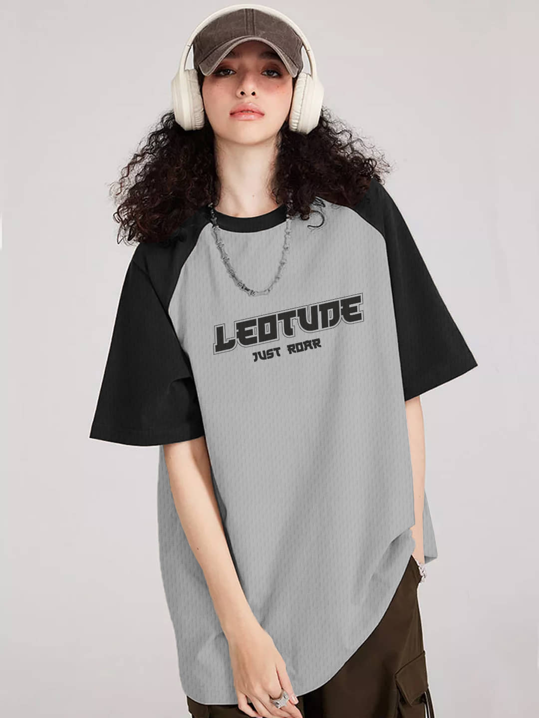 Leotude Women Cotton Blend Printed Oversized Fit Round Neck T-Shirt ( Grey )