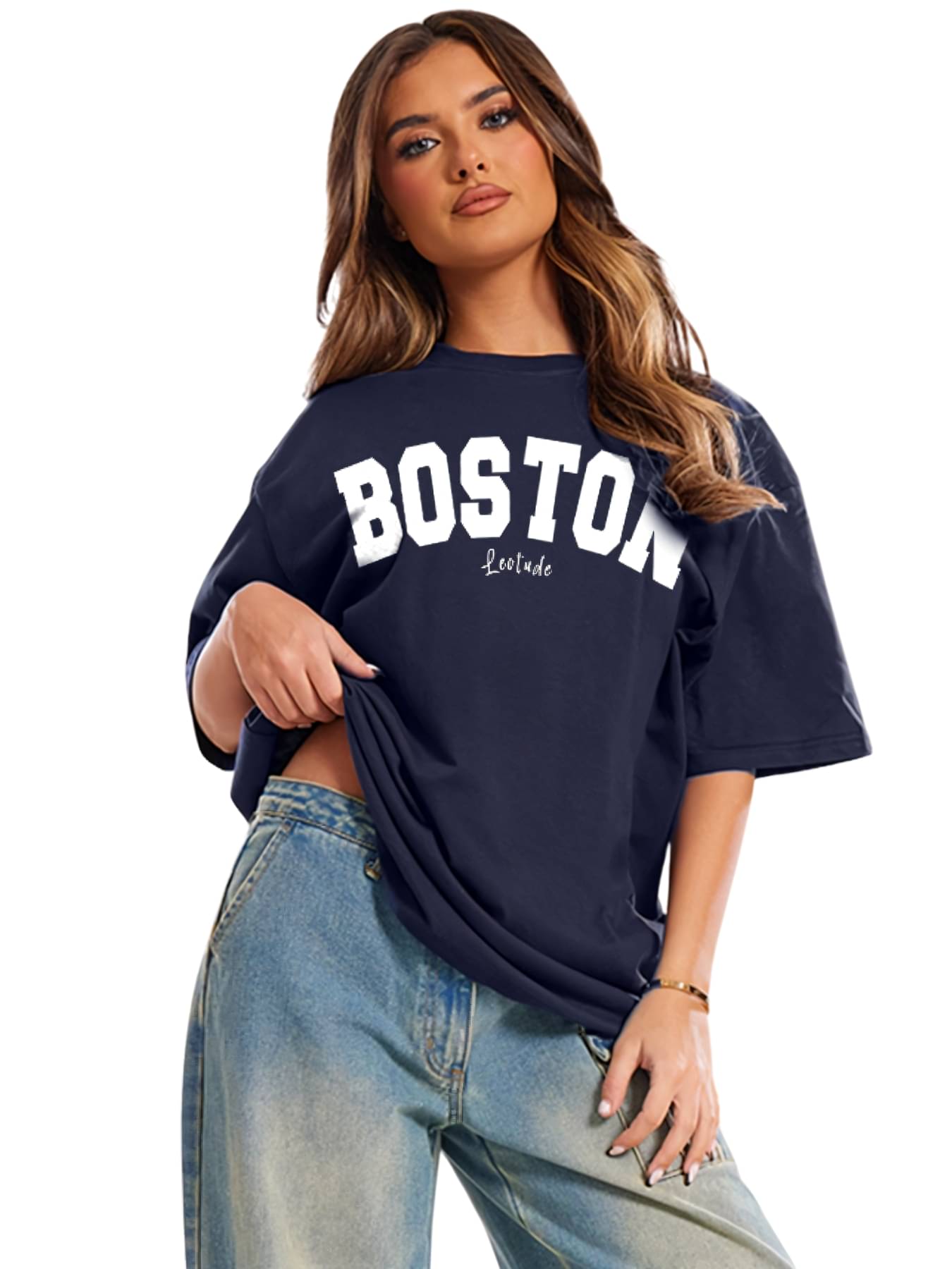     			Leotude Women Cotton Blend Printed Oversized Fit Round Neck T-Shirt ( Navy Blue )