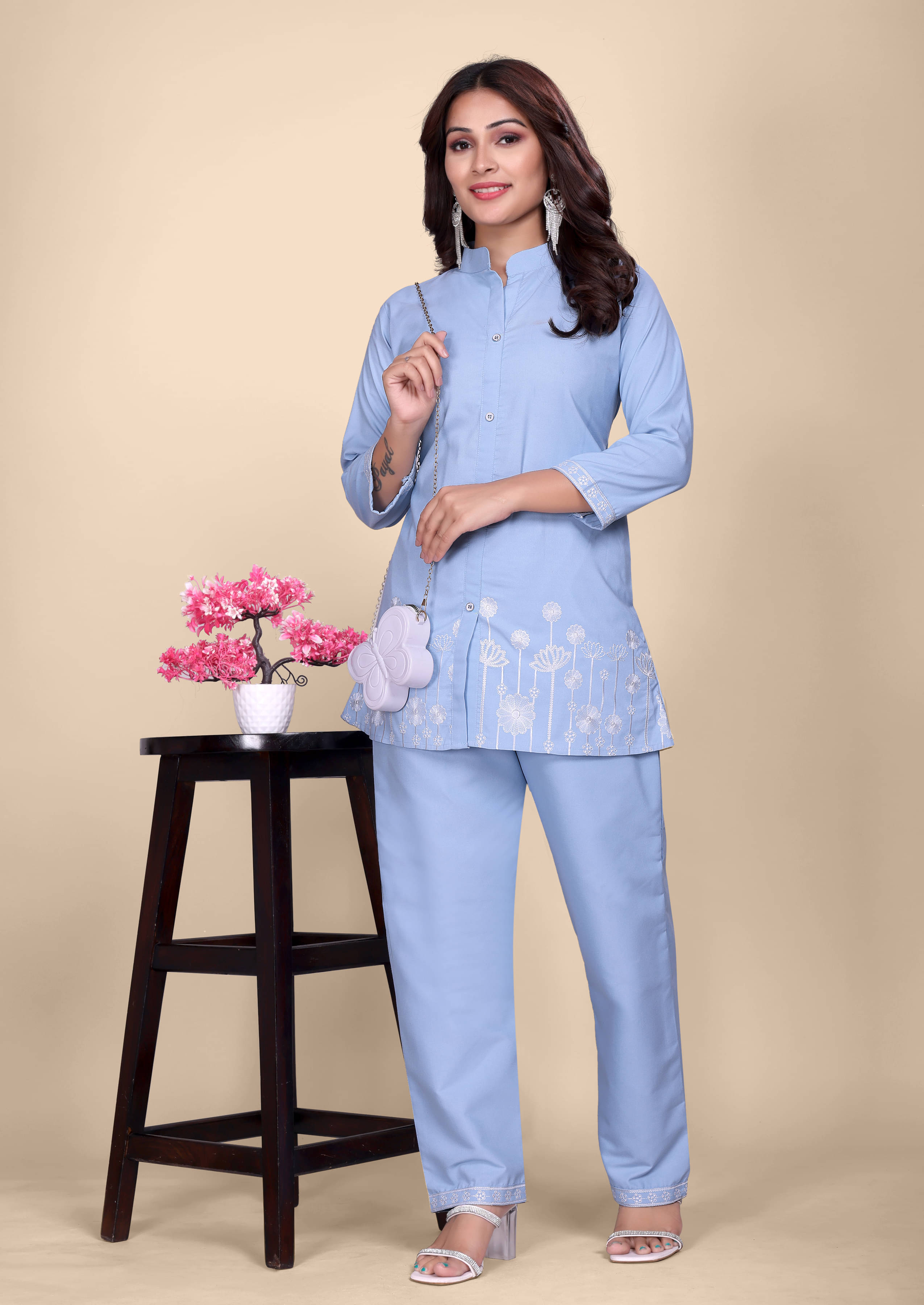     			ONECLICK Women Embroidered Top With Trousers Co-Ord Set ( Light Blue )