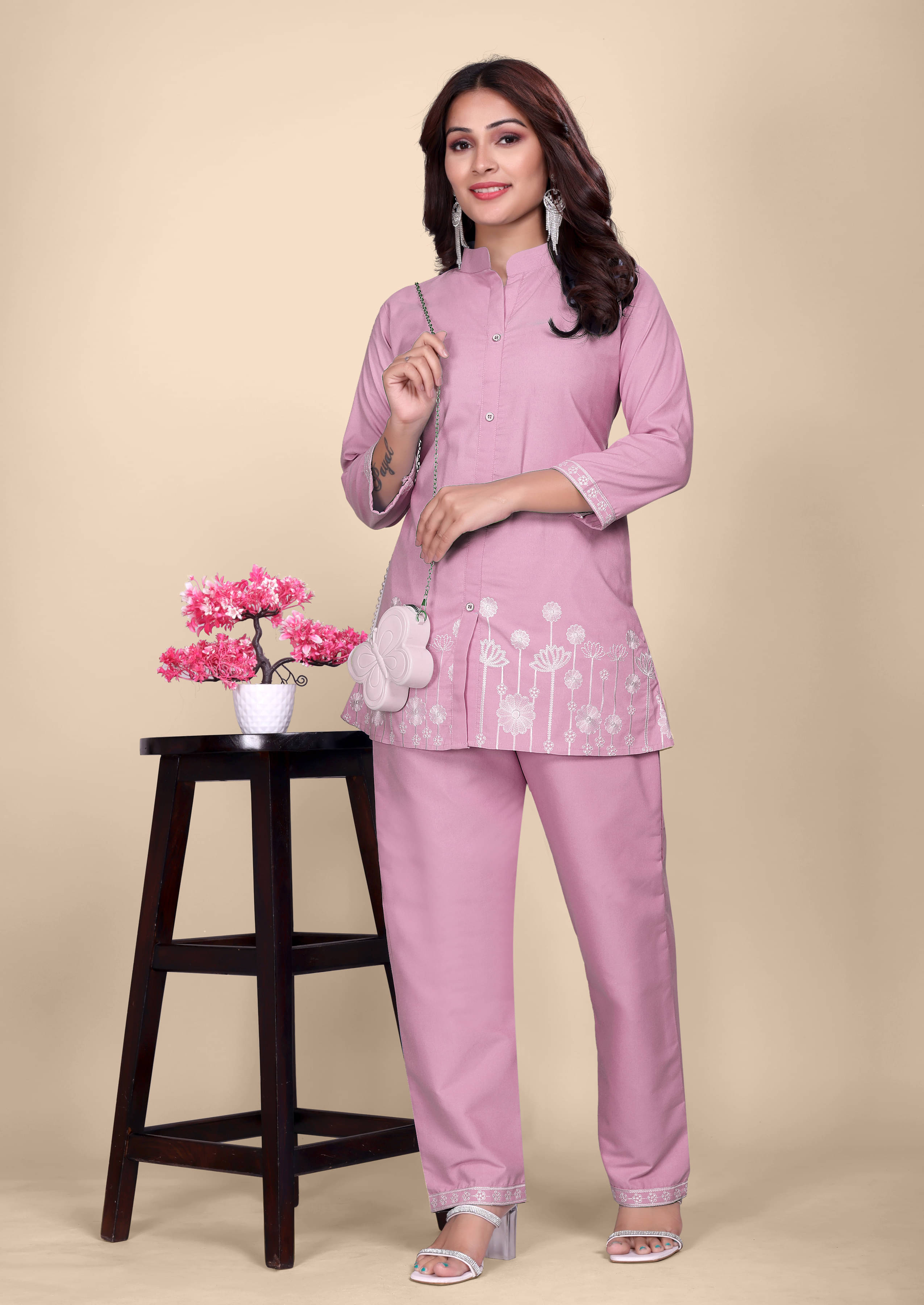     			ONECLICK Women Embroidered Top With Trousers Co-Ord Set ( Pink )