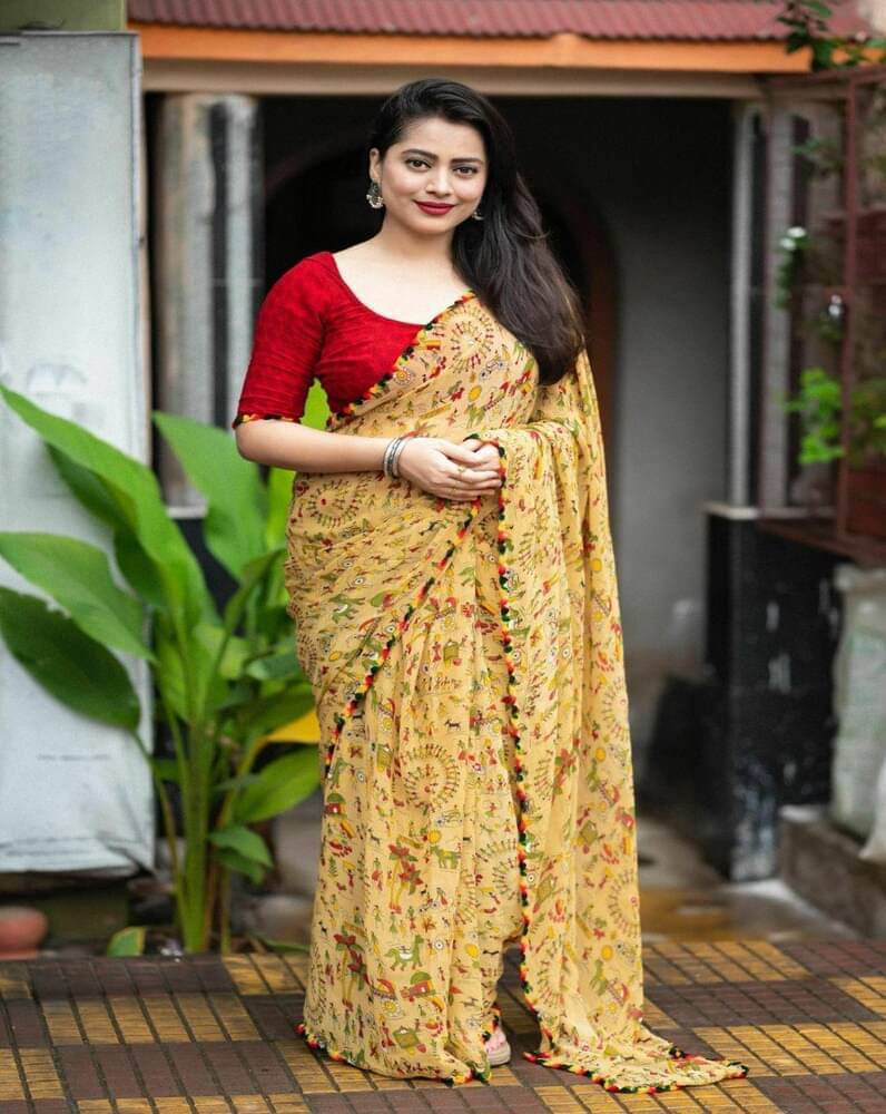     			Saadhvi Georgette Printed Saree With Unstitched Blouse Piece ( Cream )