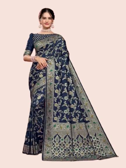 Saadhvi Silk Woven Saree With Unstitched Blouse Piece ( Navy Blue )     			Saadhvi Silk Woven Saree With Unstitched Blouse Piece ( Navy Blue )