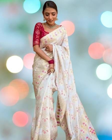 Saadhvi Silk Woven Saree With Unstitched Blouse Piece ( White ) Saadhvi Silk Woven Saree With Unstitched Blouse Piece ( White )