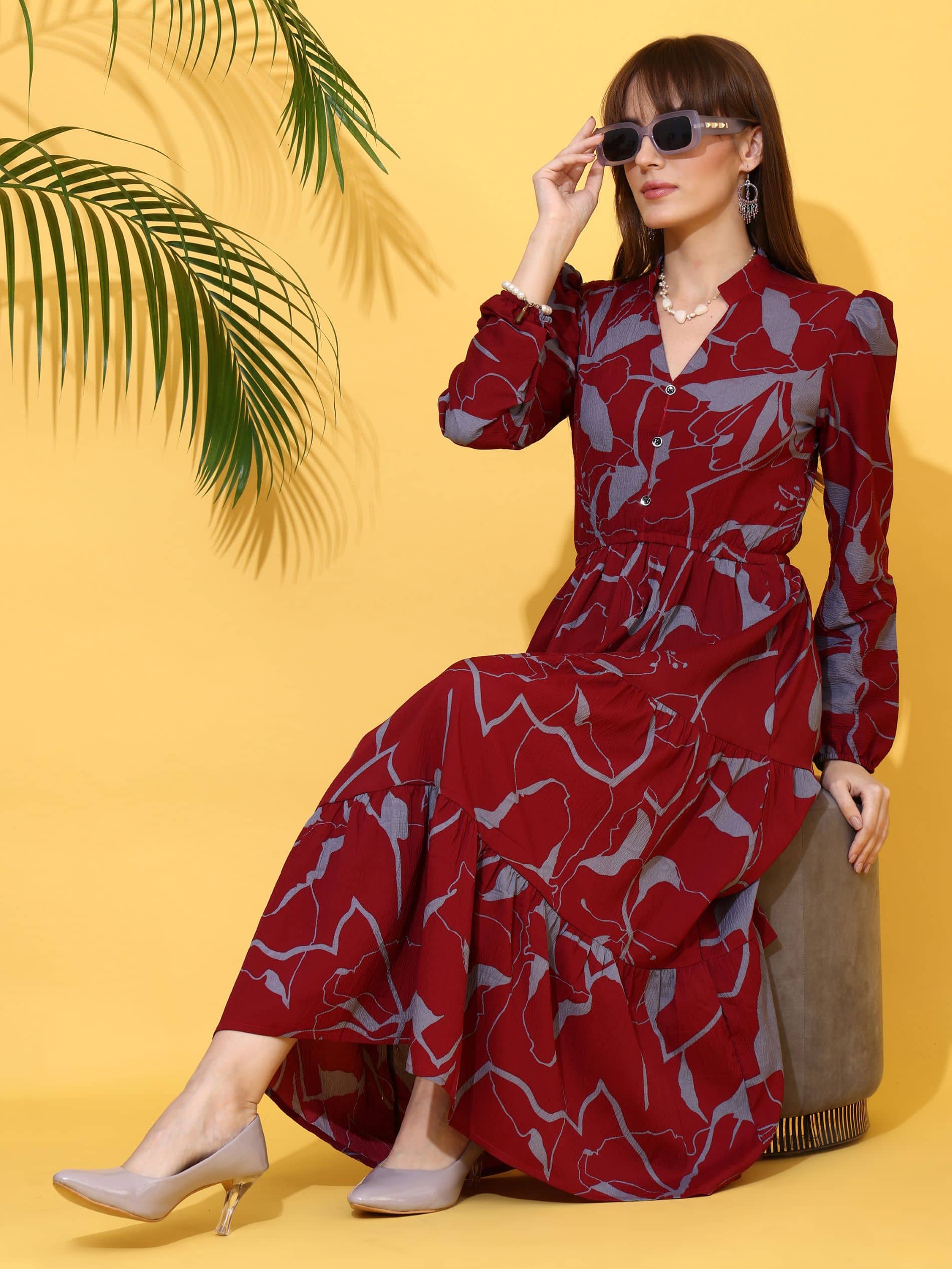 Sheetal associates Women Crepe Printed Fit & Flare Dress ( Maroon )