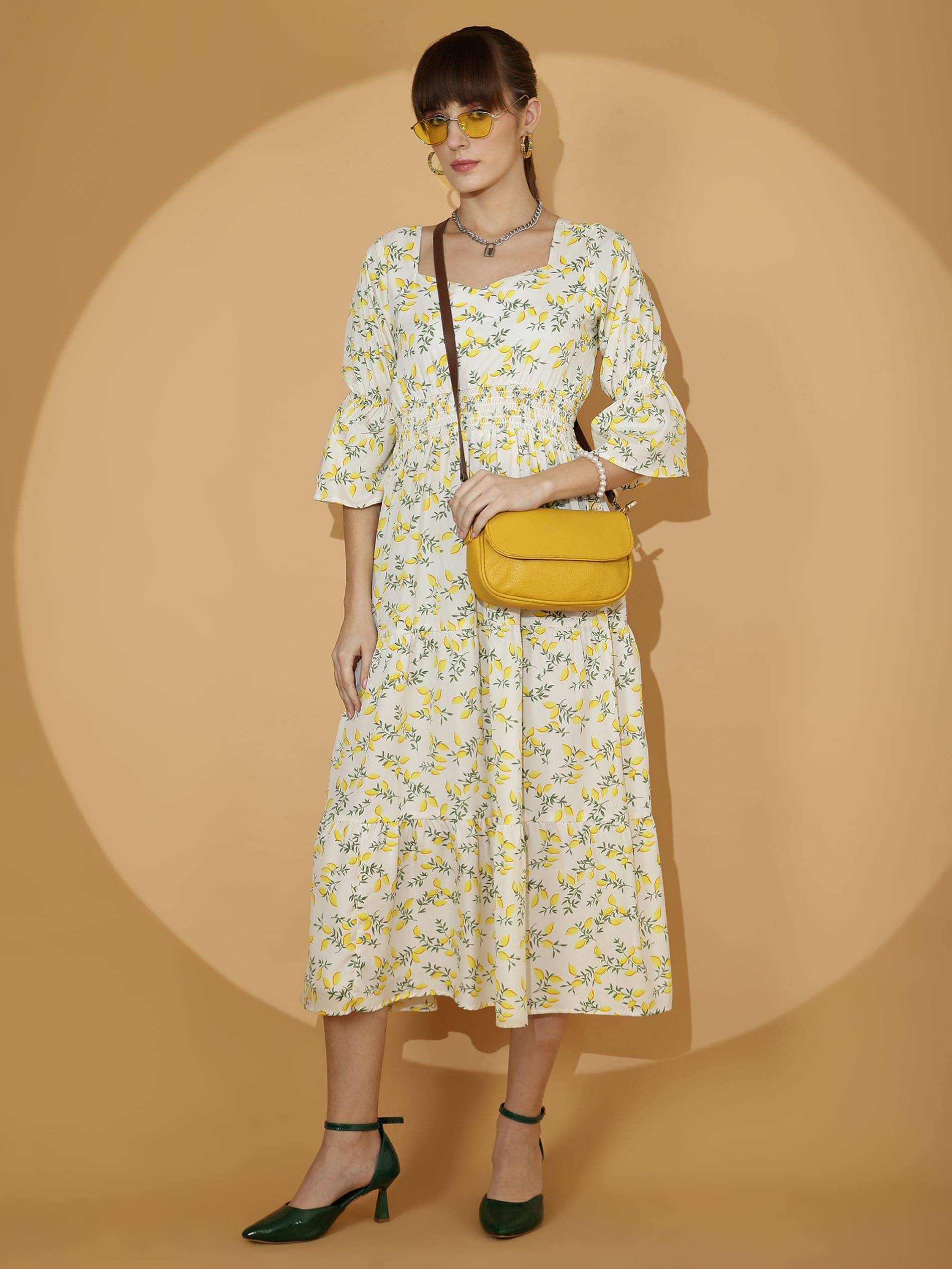     			Sheetal associates Women Crepe Printed Fit & Flare Dress ( Yellow )