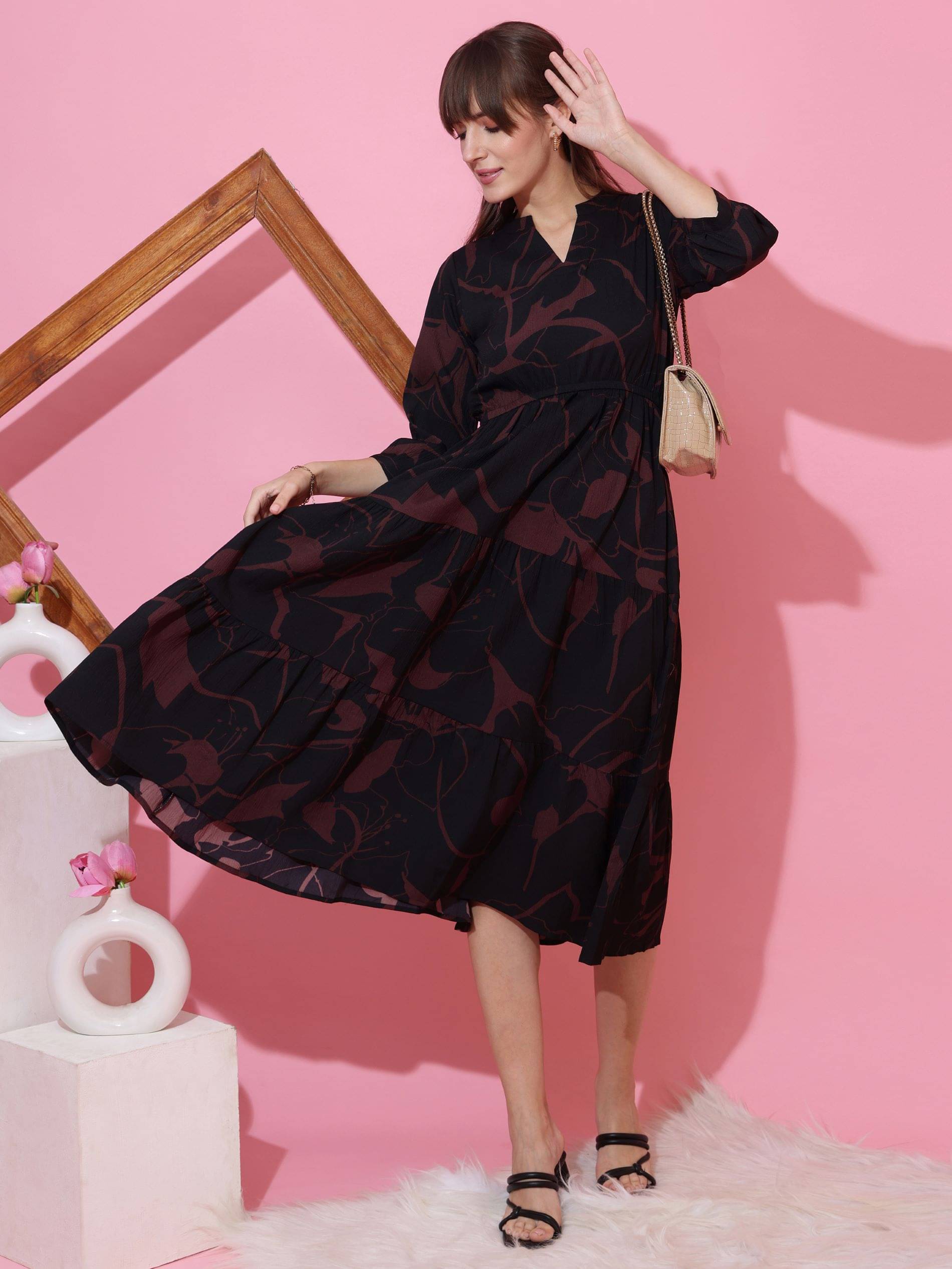     			Sheetal associates Women Crepe Printed Fit & Flare Dress ( Brown )