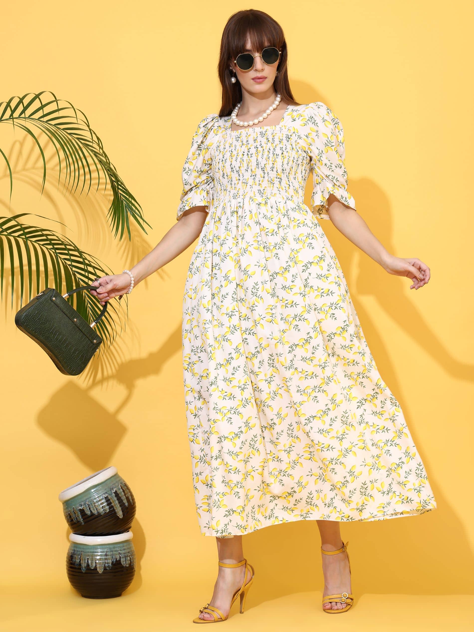 Sheetal associates Women Crepe Printed Fit & Flare Dress ( Yellow )