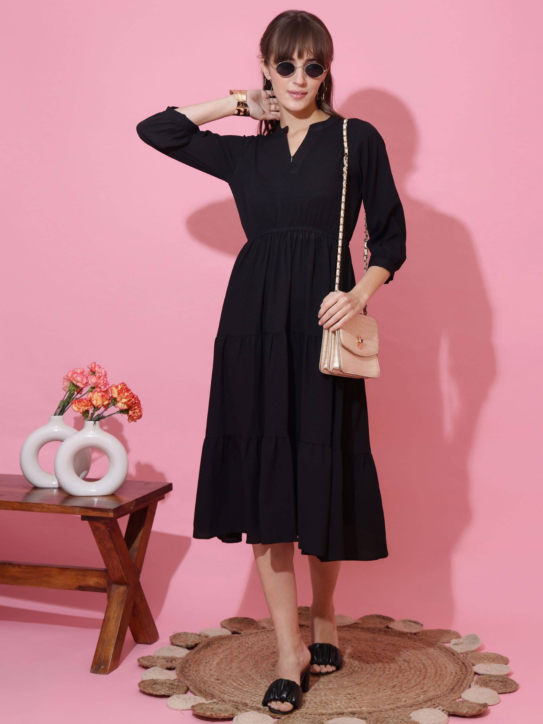 Sheetal associates Women Crepe Solid Fit & Flare Dress ( Black ) Sheetal associates Women Crepe Solid Fit & Flare Dress ( Black )