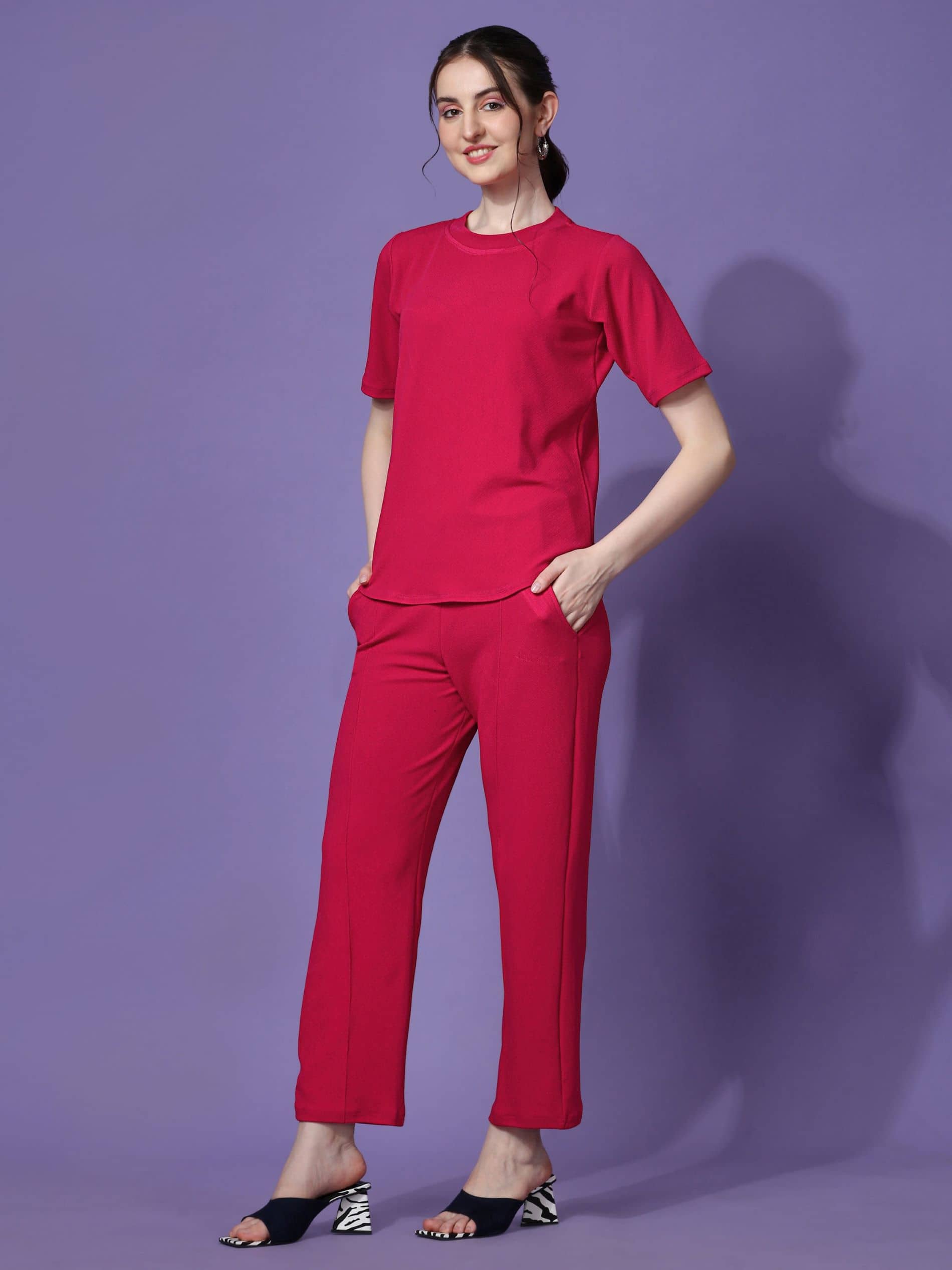 Sheetal associates Women Solid T-Shirt With Trousers Co-Ord Set ( Pink )