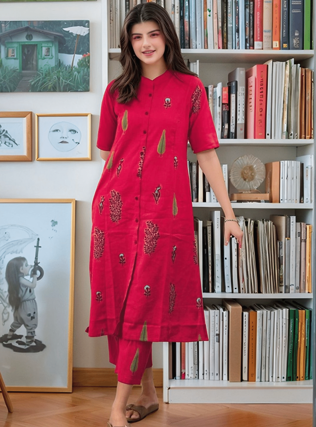     			YAGNIK FASHION Women Cotton Embroidered Flared Kurti With Palazzo ( Pink )