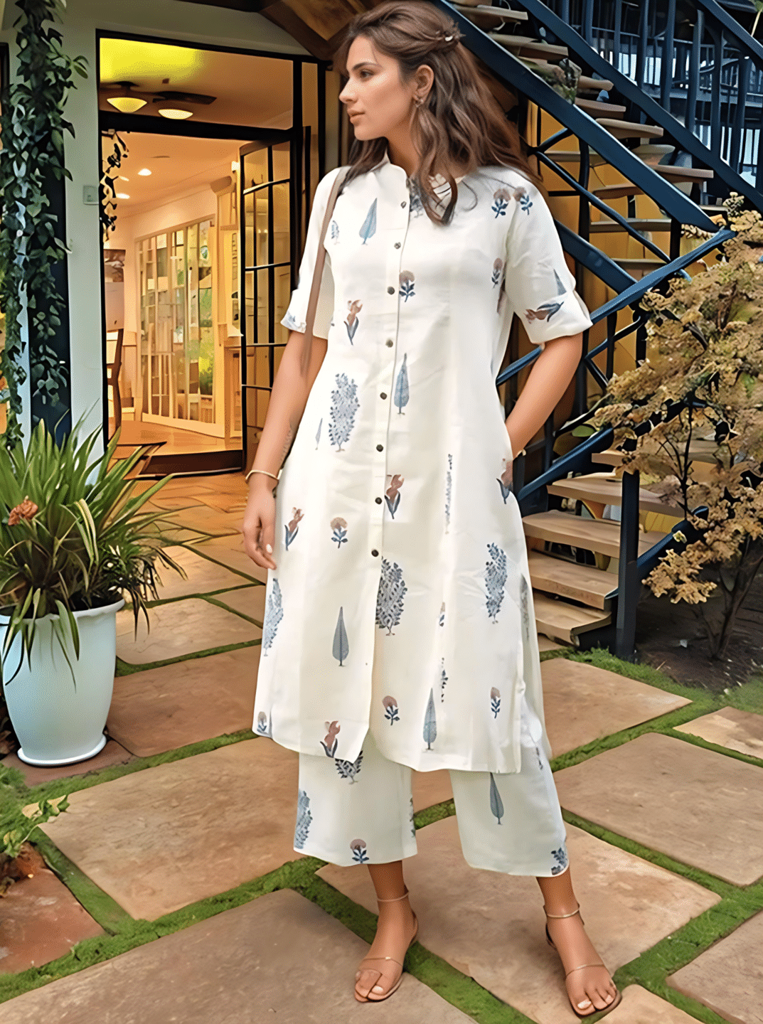     			YAGNIK FASHION Women Cotton Embroidered Flared Kurti With Palazzo ( White )