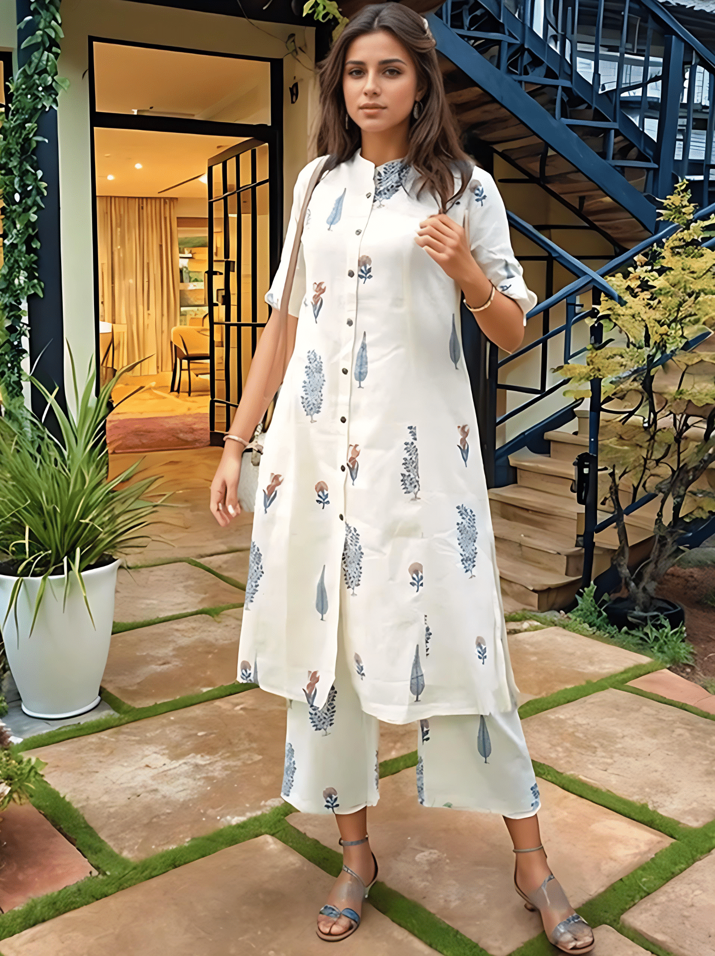 YAGNIK FASHION Women Cotton Embroidered Flared Kurti With Palazzo ( White ) YAGNIK FASHION Women Cotton Embroidered Flared Kurti With Palazzo ( White )