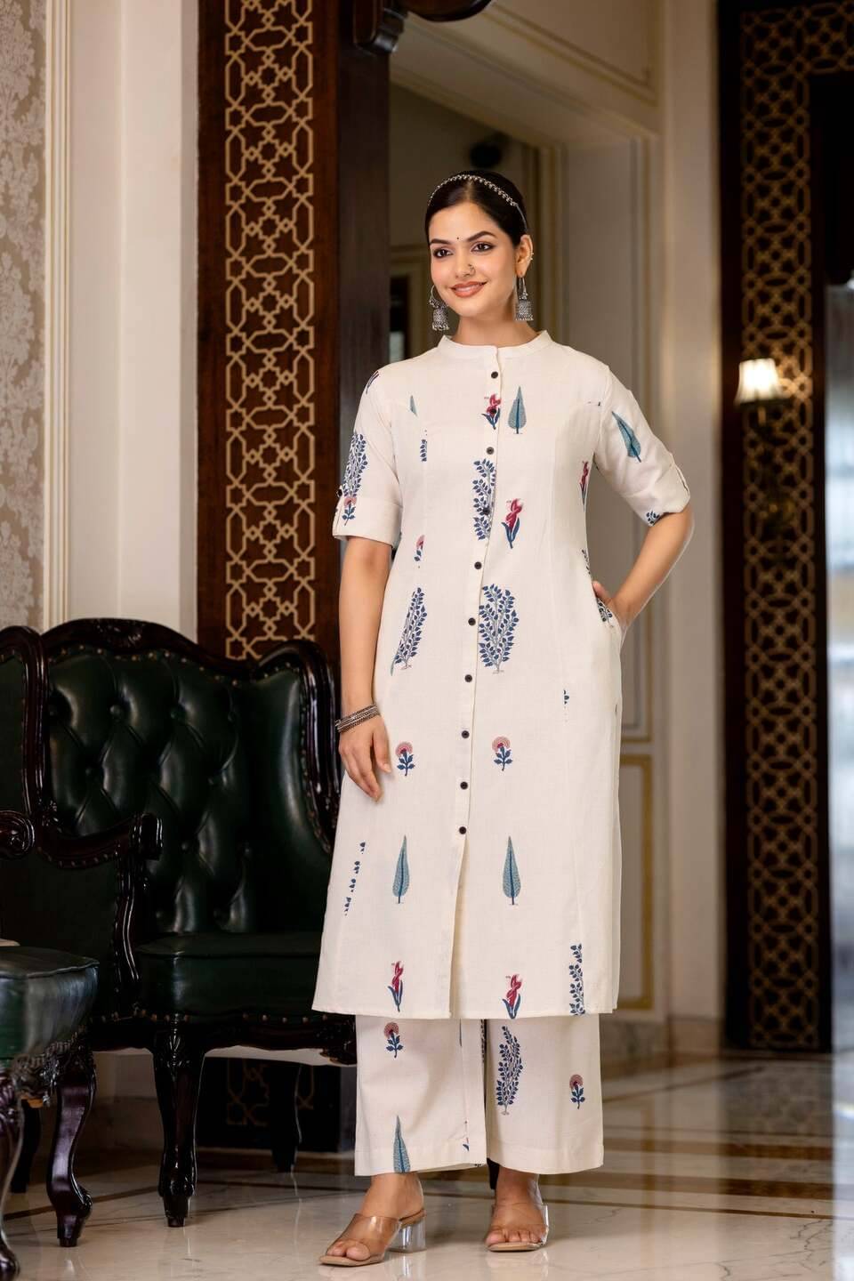 YAGNIK FASHION Women Cotton Solid Flared Kurti With Palazzo ( White ) YAGNIK FASHION Women Cotton Solid Flared Kurti With Palazzo ( White )