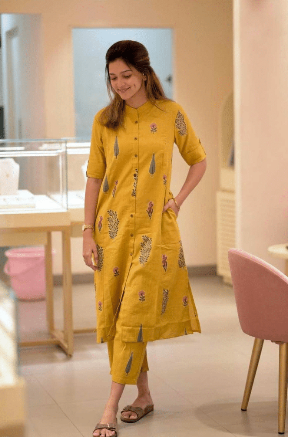     			YAGNIK FASHION Women Viscose Self Design A-line Kurti With Pants ( Yellow )