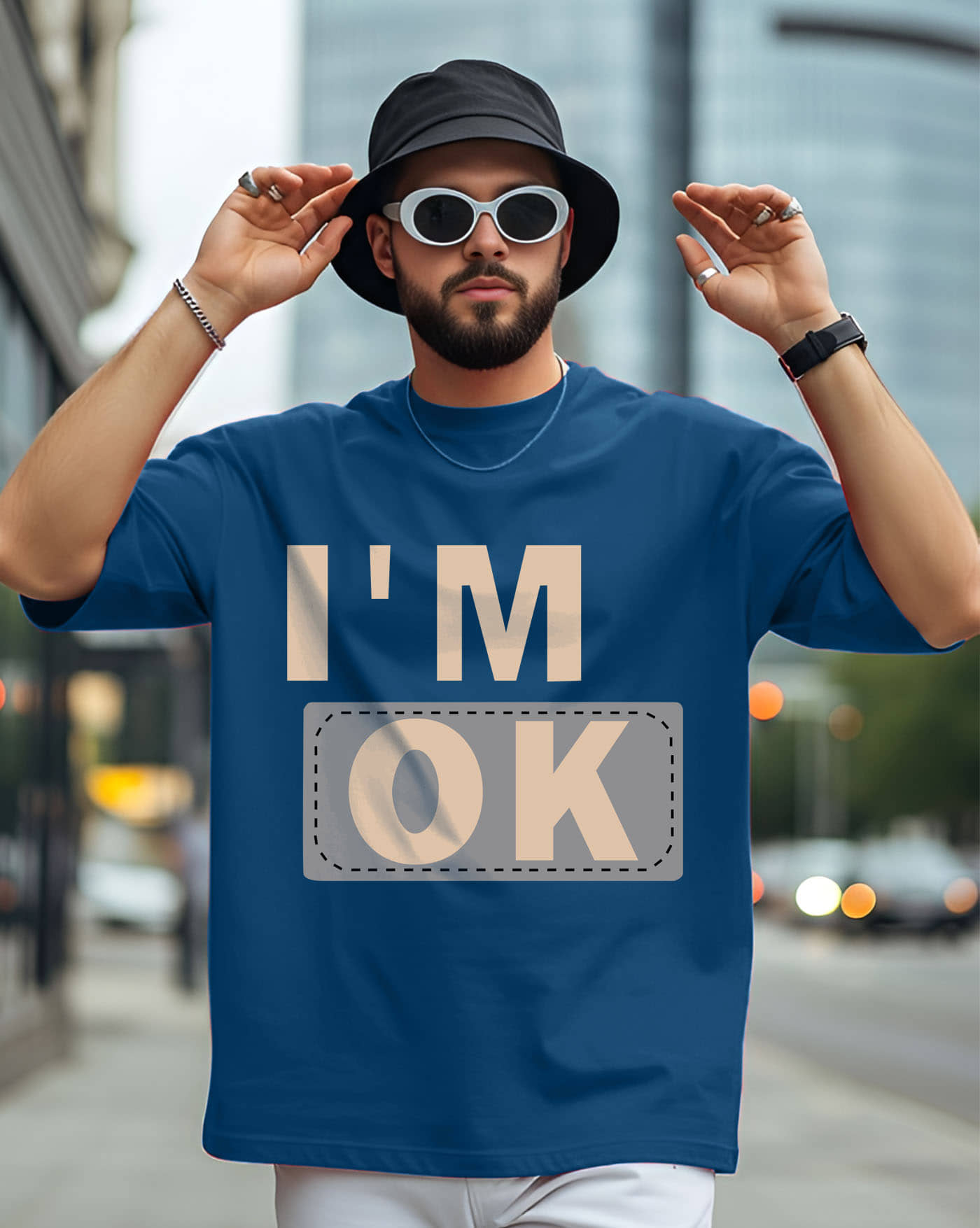 AOOSH Men Cotton Blend Oversized Fit Printed T-Shirt ( Teal Blue )