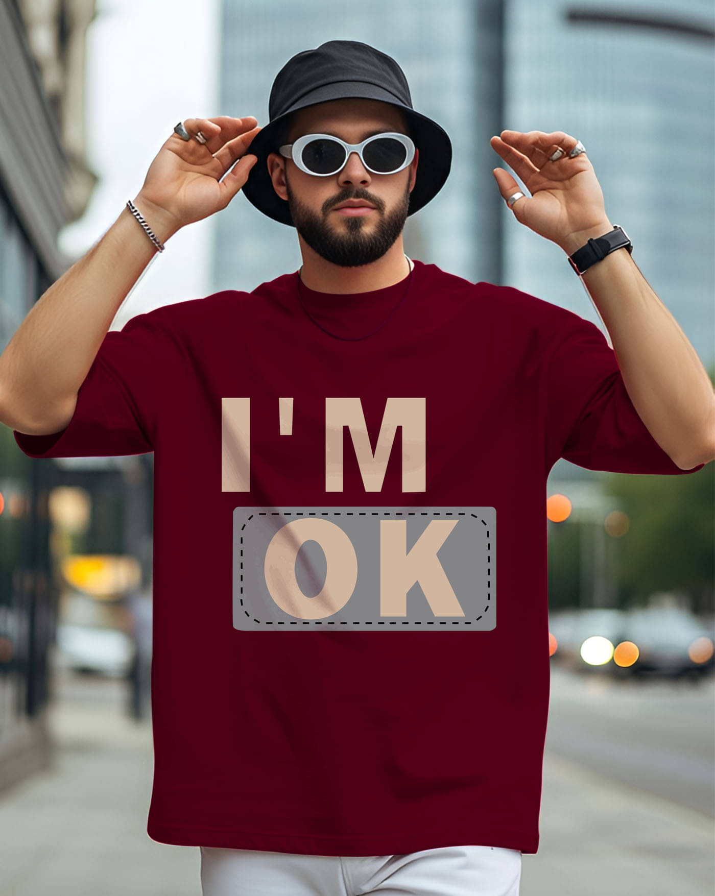     			AOOSH Men Cotton Blend Oversized Fit Printed T-Shirt ( Maroon )