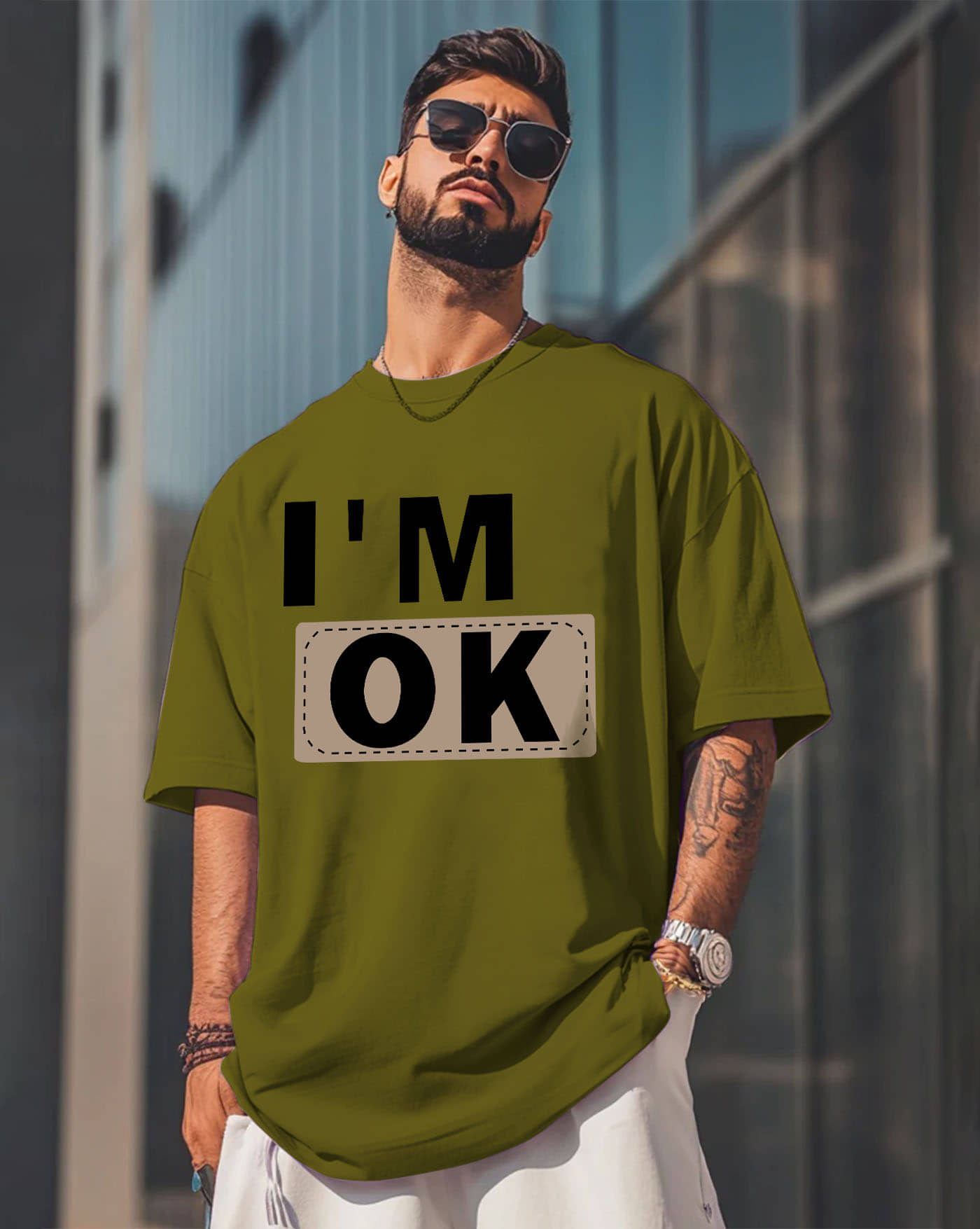 ENITOR Men Cotton Blend Oversized Fit Printed T-Shirt ( Green )