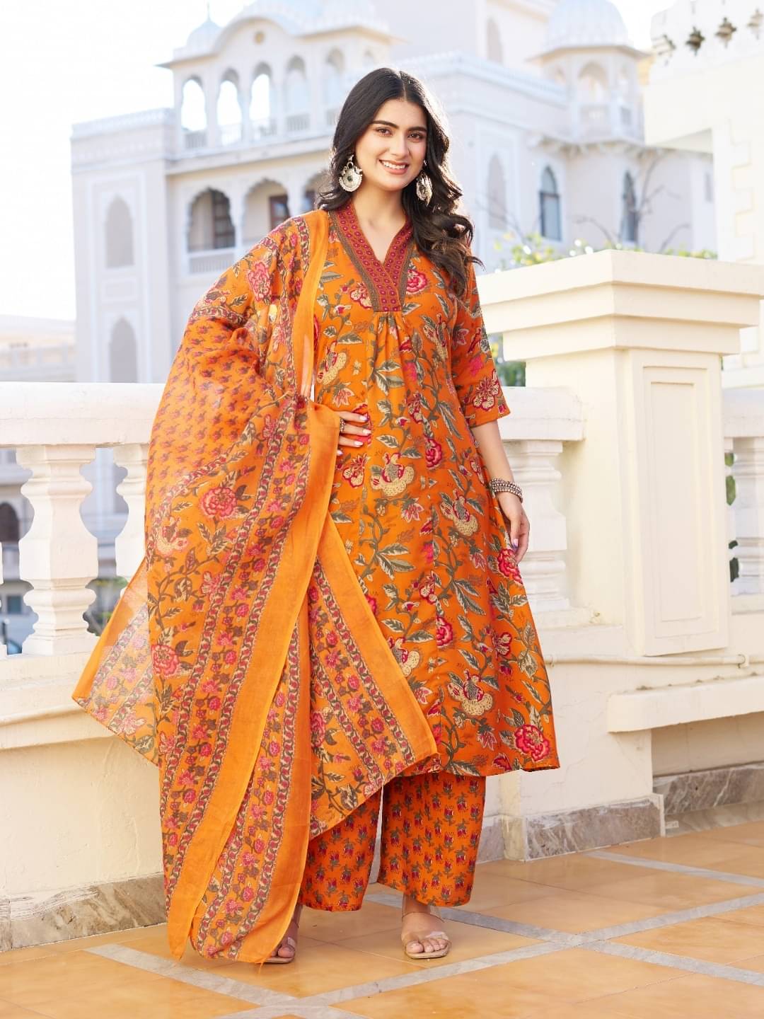 Jinal Creation Women Rayon Self Design Anarkali Kurti With Palazzo ( Orange )     			Jinal Creation Women Rayon Self Design Anarkali Kurti With Palazzo ( Orange )