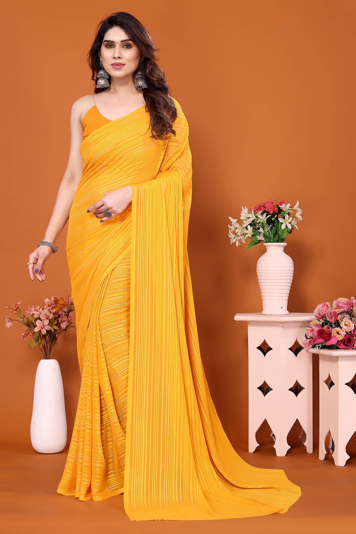     			Kashvi Sarees Satin Striped Chanderi saree With Unstitched Blouse Piece ( Yellow )