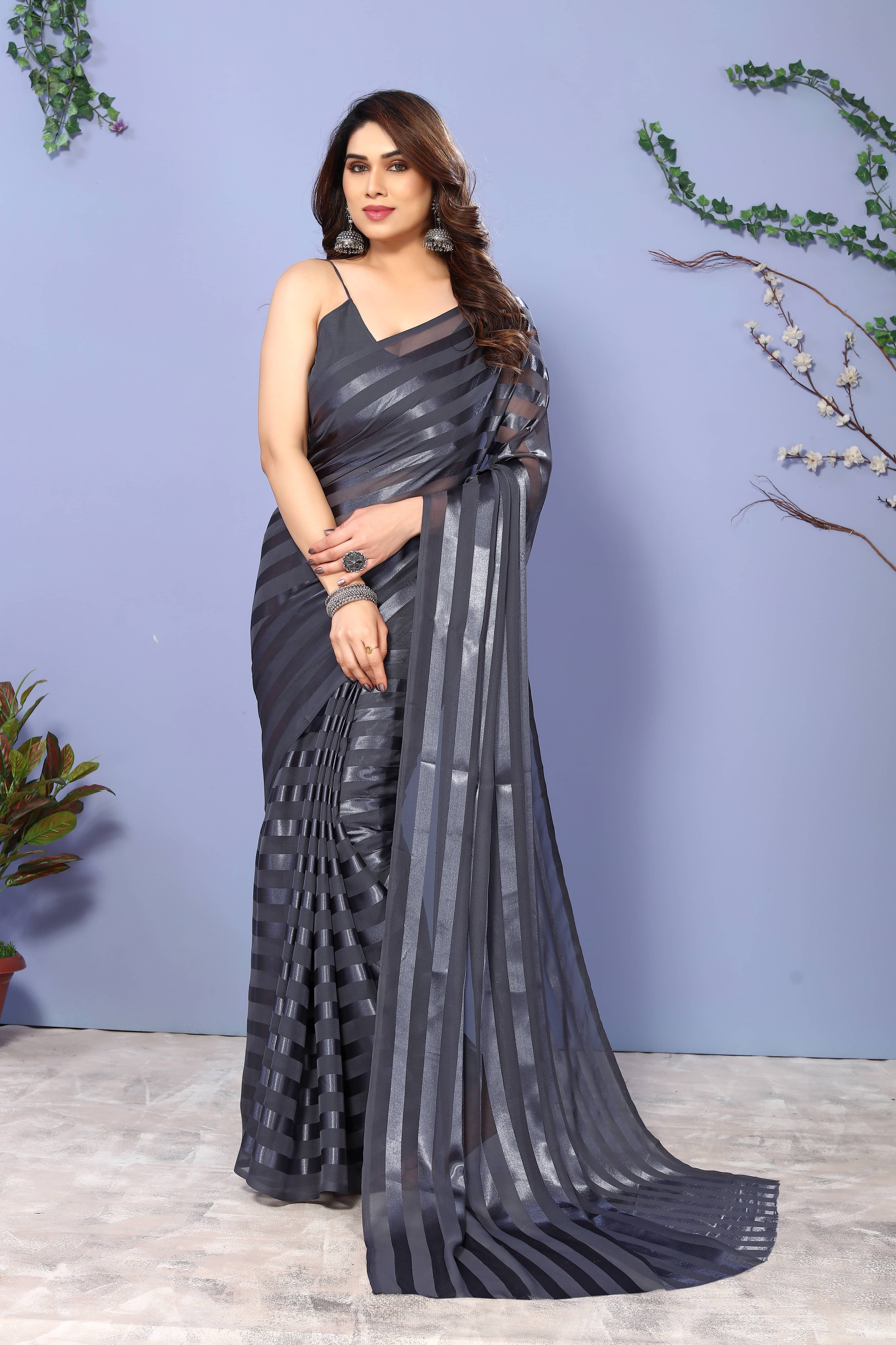 Kashvi Sarees Satin Striped Kasavu Saree With Unstitched Blouse Piece ( Grey ) Kashvi Sarees Satin Striped Kasavu Saree With Unstitched Blouse Piece ( Grey )