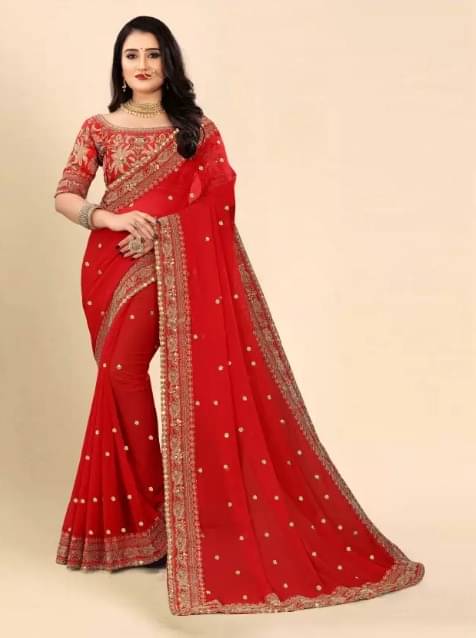 Prazvika Georgette Embellished Jamdani Saree With Unstitched Blouse Piece ( Red )     			Prazvika Georgette Embellished Jamdani Saree With Unstitched Blouse Piece ( Red )