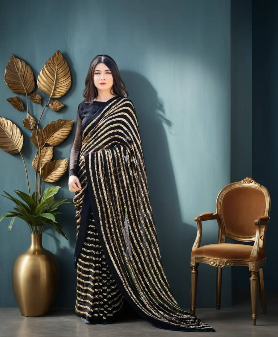     			Prazvika Georgette Embroidered Jamdani Saree With Unstitched Blouse Piece ( Black )