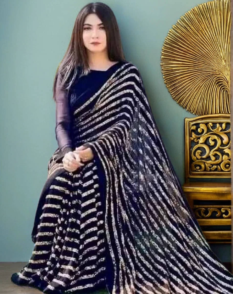 Prazvika Georgette Striped Jamdani Saree With Unstitched Blouse Piece ( Navy Blue ) Prazvika Georgette Striped Jamdani Saree With Unstitched Blouse Piece ( Navy Blue )