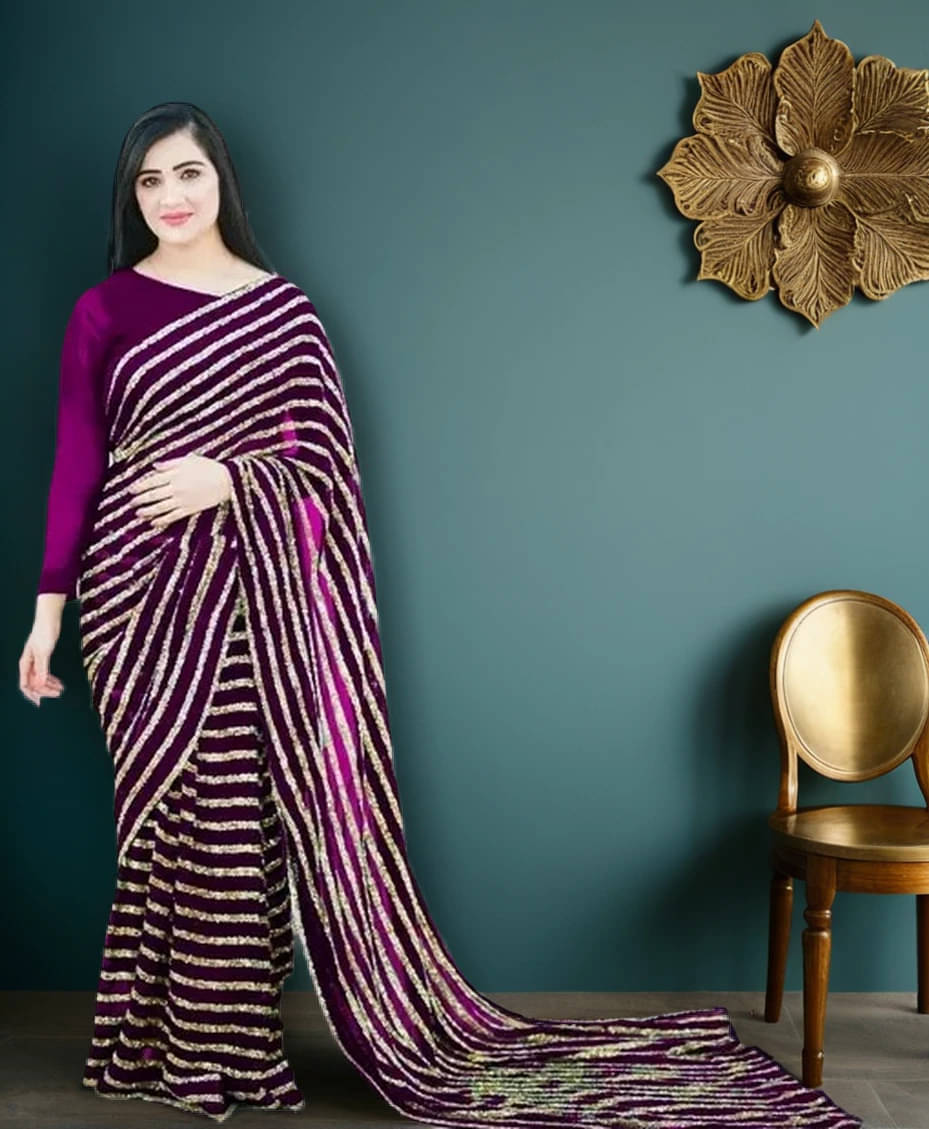 Prazvika Georgette Striped Jamdani Saree With Unstitched Blouse Piece ( Purple ) Prazvika Georgette Striped Jamdani Saree With Unstitched Blouse Piece ( Purple )