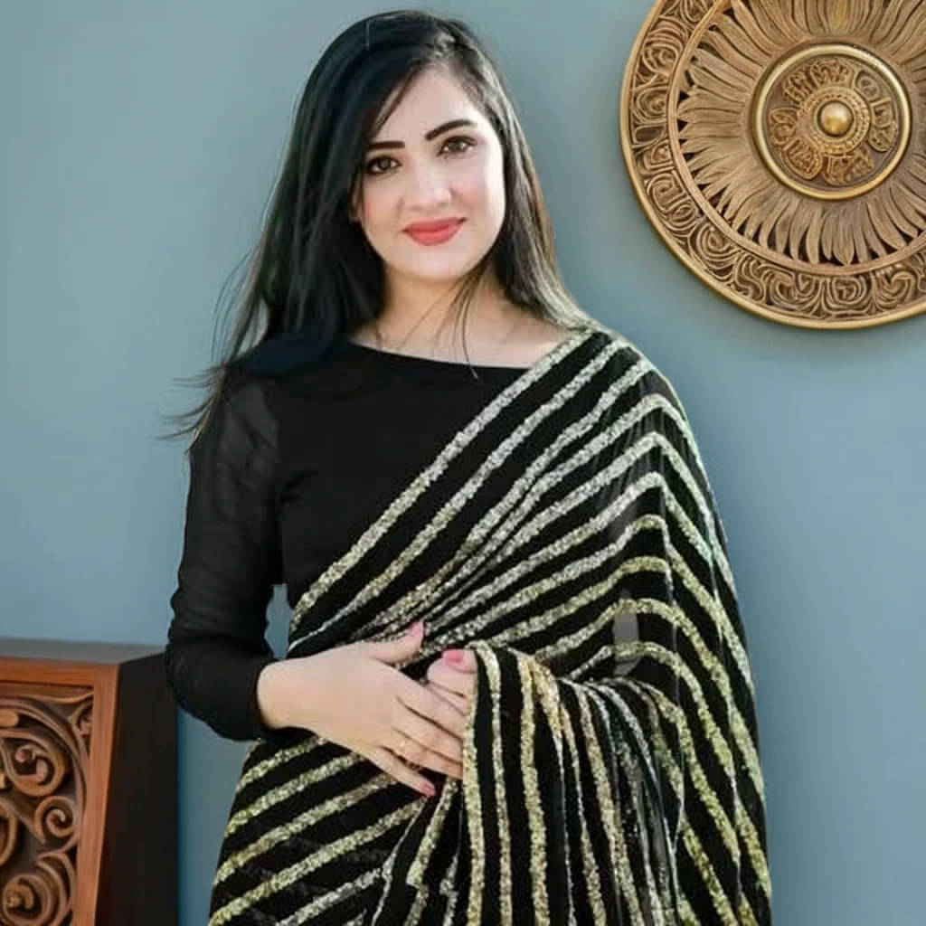     			Prazvika Georgette Striped Jamdani Saree With Unstitched Blouse Piece ( Black )