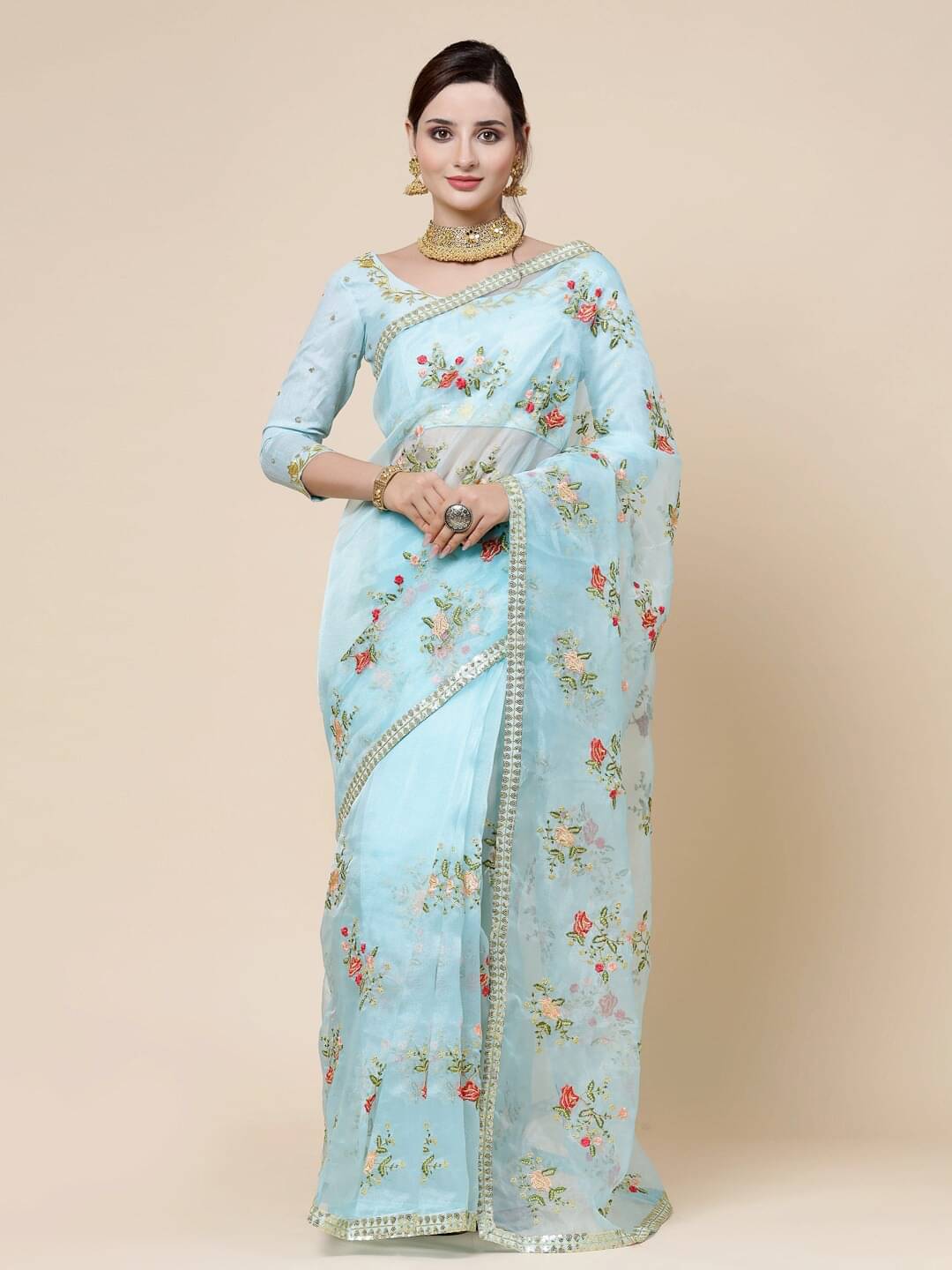 Prazvika Organza Printed Jamdani Saree With Unstitched Blouse Piece ( Sky Blue ) Prazvika Organza Printed Jamdani Saree With Unstitched Blouse Piece ( Sky Blue )