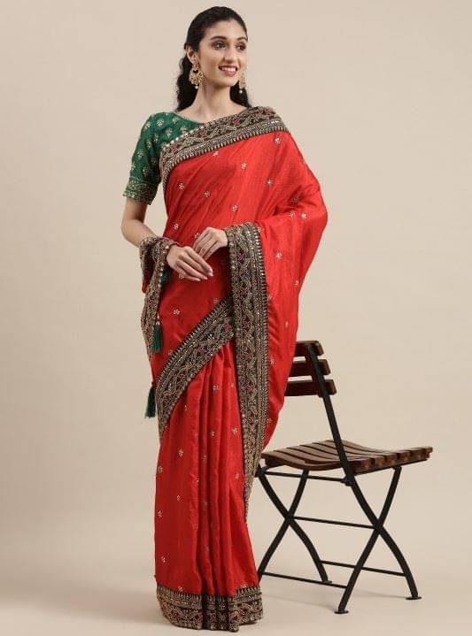 Prazvika Satin Embellished Jamdani Saree With Unstitched Blouse Piece ( Red ) Prazvika Satin Embellished Jamdani Saree With Unstitched Blouse Piece ( Red )