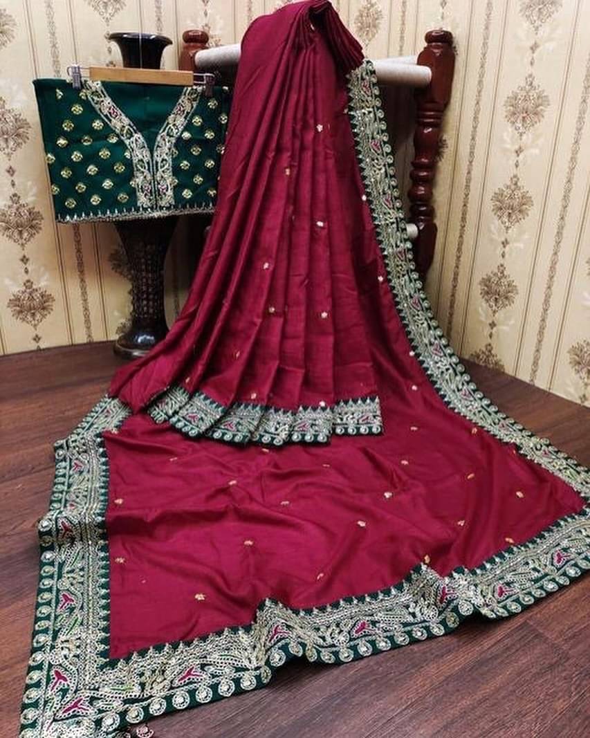 Prazvika Satin Embellished Jamdani Saree With Unstitched Blouse Piece ( Red ) Prazvika Satin Embellished Jamdani Saree With Unstitched Blouse Piece ( Red )