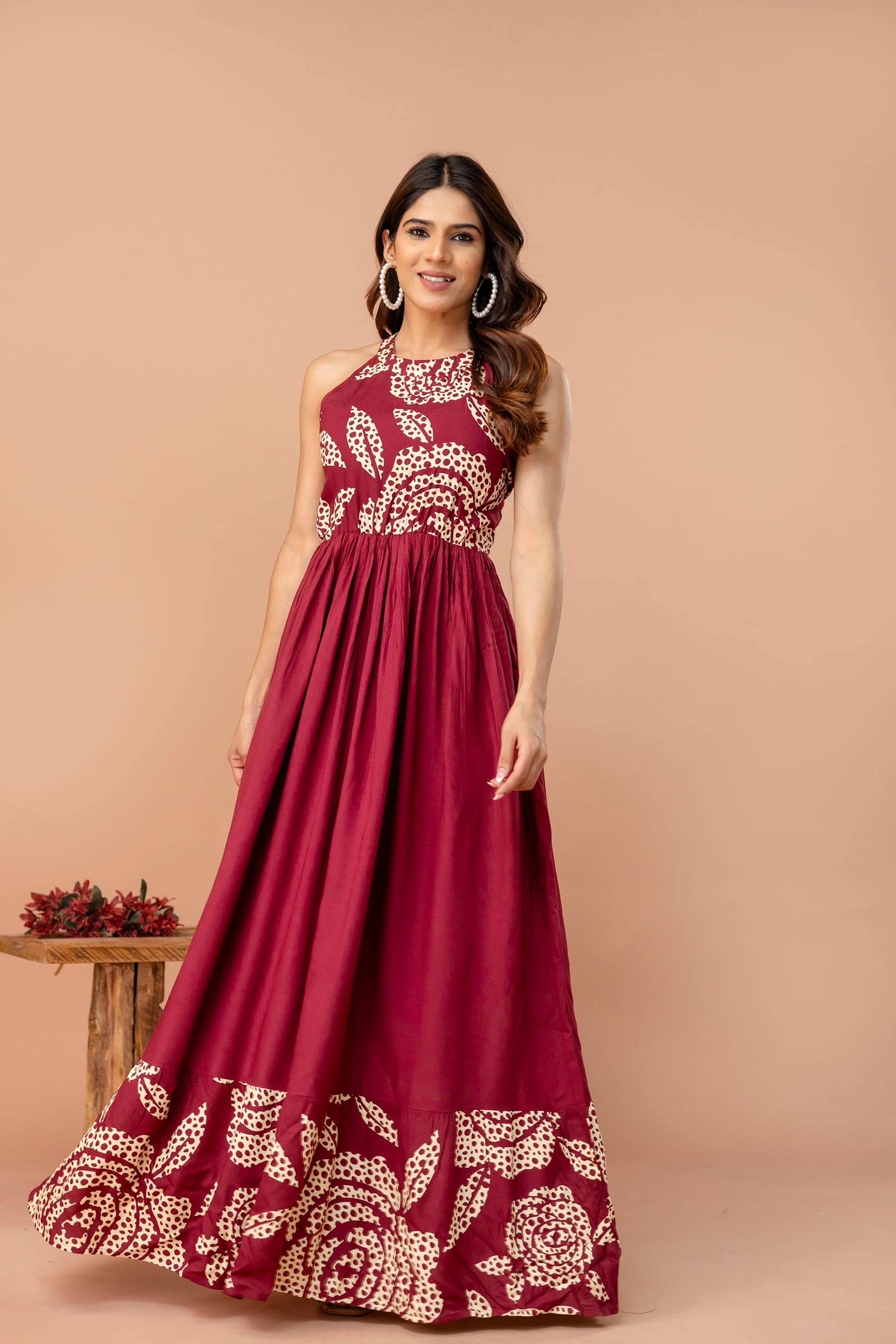     			Purshottam Wala Women Viscose Rayon Printed Fit & Flare Dress ( Maroon )