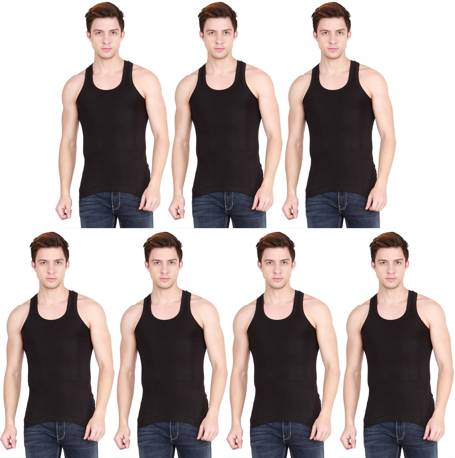 Rupa Frontline Pack of 7 Cotton Basic Vest For Men ( Black )     			Rupa Frontline Pack of 7 Cotton Basic Vest For Men ( Black )