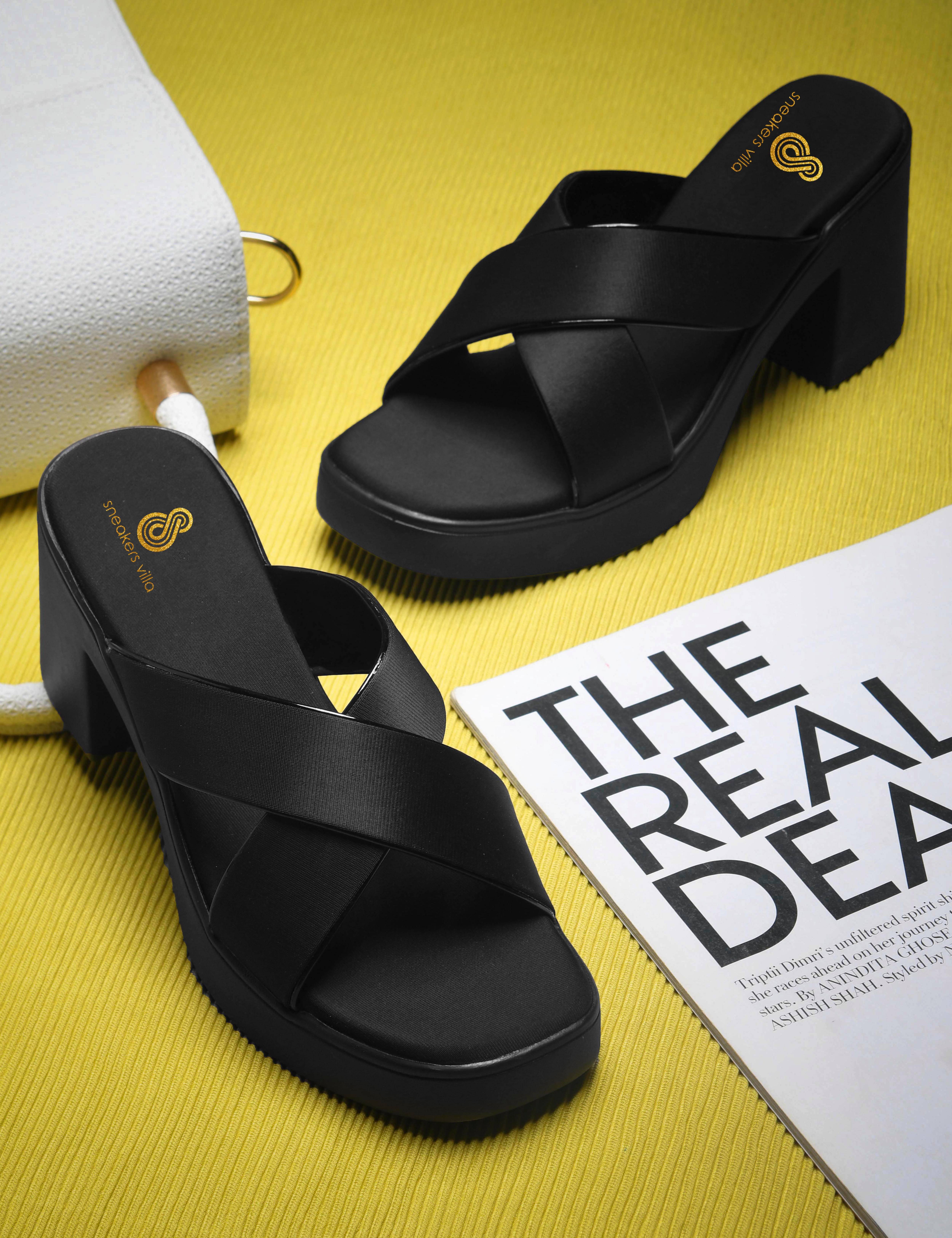     			Sneakersvilla Black Women's Slip On Heels